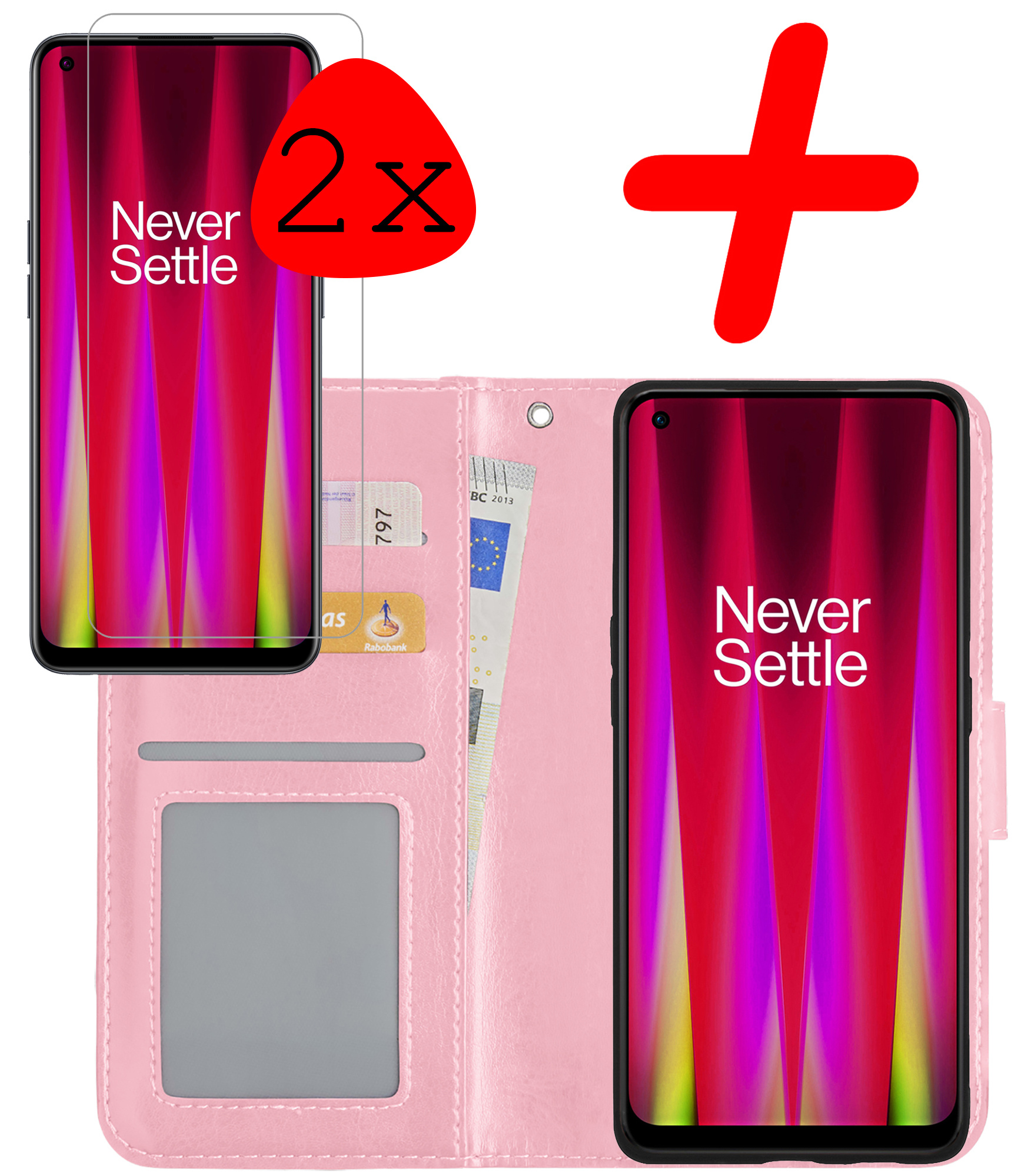 BASEY. Hoes Geschikt voor OnePlus Nord CE 2 Hoesje Bookcase Hoes Flip Case Book Cover Met 2x Screenprotector - Hoesje Geschikt voor OnePlus Nord CE 2 Hoes Book Case Hoesje - Lichtroze