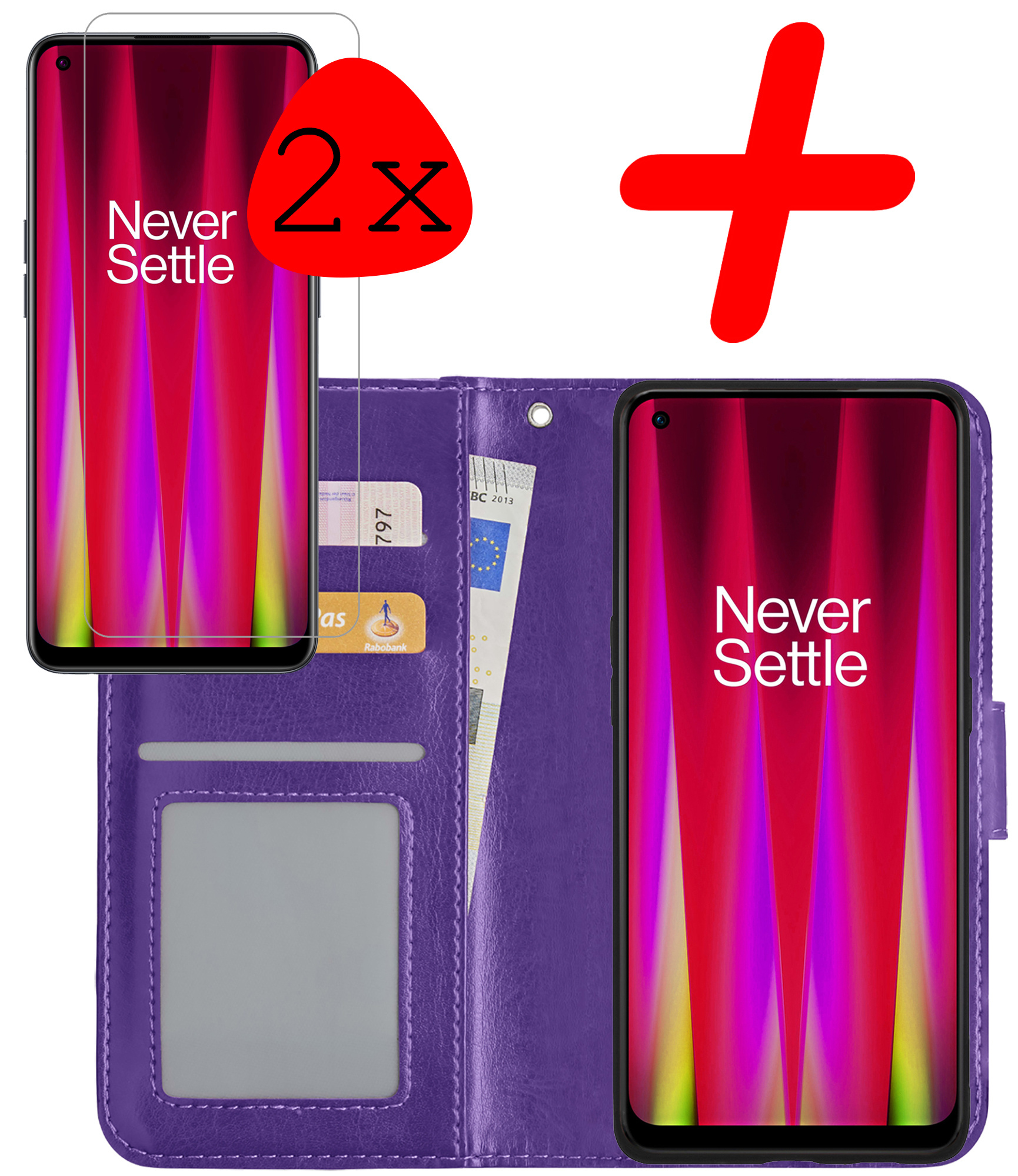 BASEY. Hoes Geschikt voor OnePlus Nord CE 2 Hoesje Bookcase Hoes Flip Case Book Cover Met 2x Screenprotector - Hoesje Geschikt voor OnePlus Nord CE 2 Hoes Book Case Hoesje - Paars