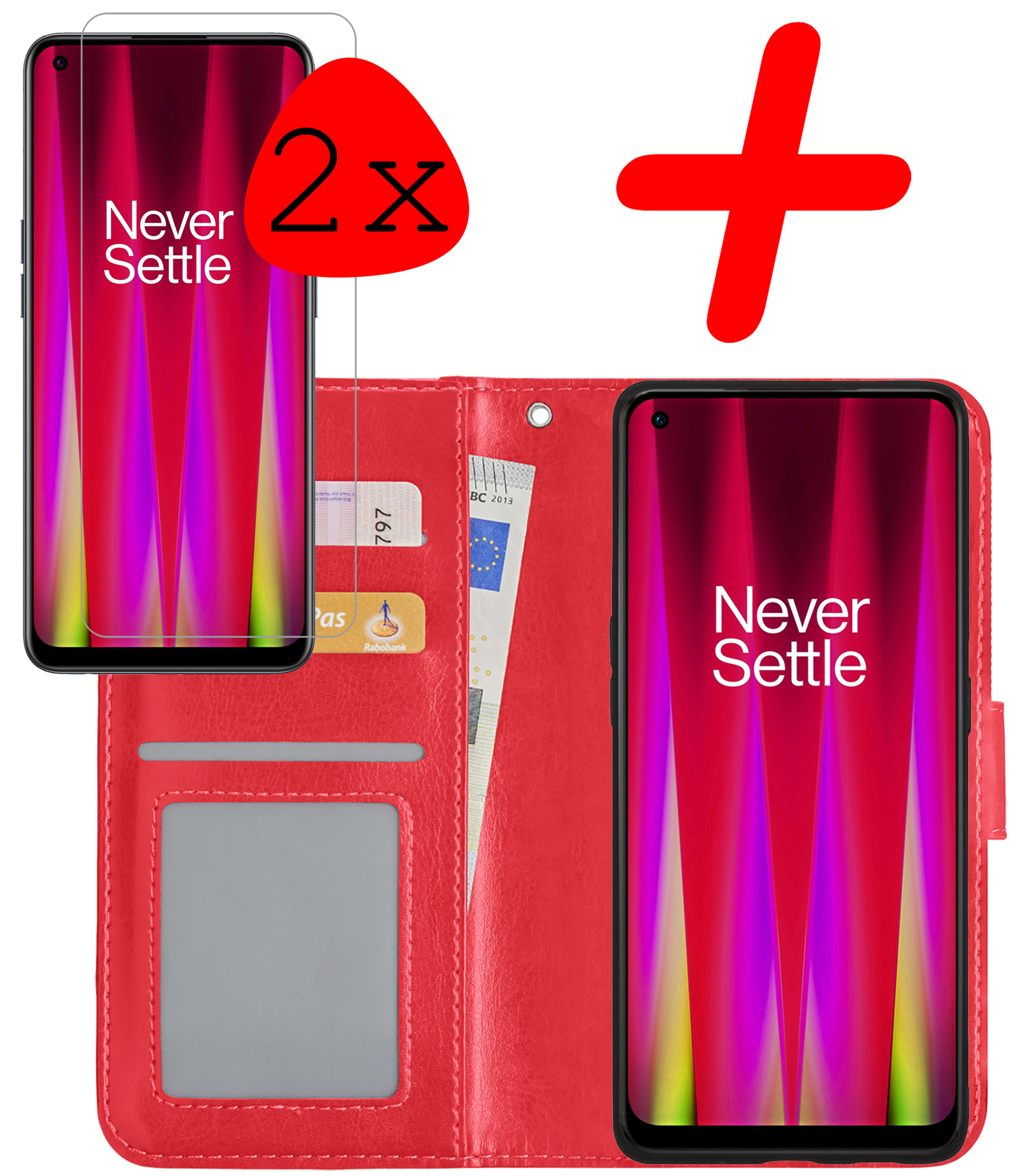 BASEY. Hoes Geschikt voor OnePlus Nord CE 2 Hoesje Bookcase Hoes Flip Case Book Cover Met 2x Screenprotector - Hoesje Geschikt voor OnePlus Nord CE 2 Hoes Book Case Hoesje - Rood