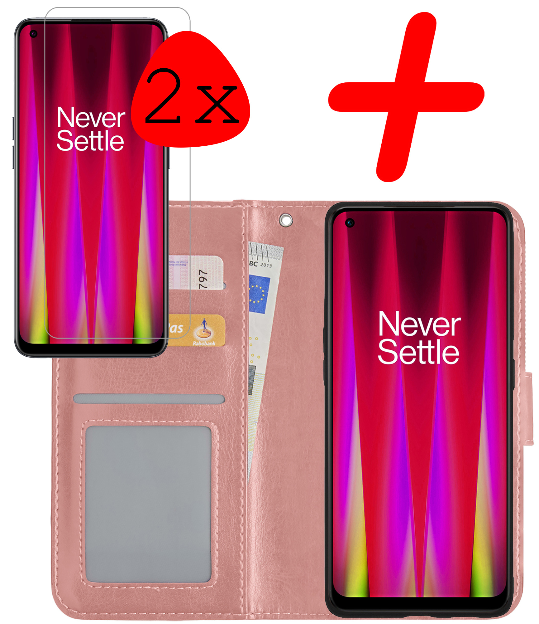 BASEY. Hoes Geschikt voor OnePlus Nord CE 2 Hoesje Bookcase Hoes Flip Case Book Cover Met 2x Screenprotector - Hoesje Geschikt voor OnePlus Nord CE 2 Hoes Book Case Hoesje - Rosé goud