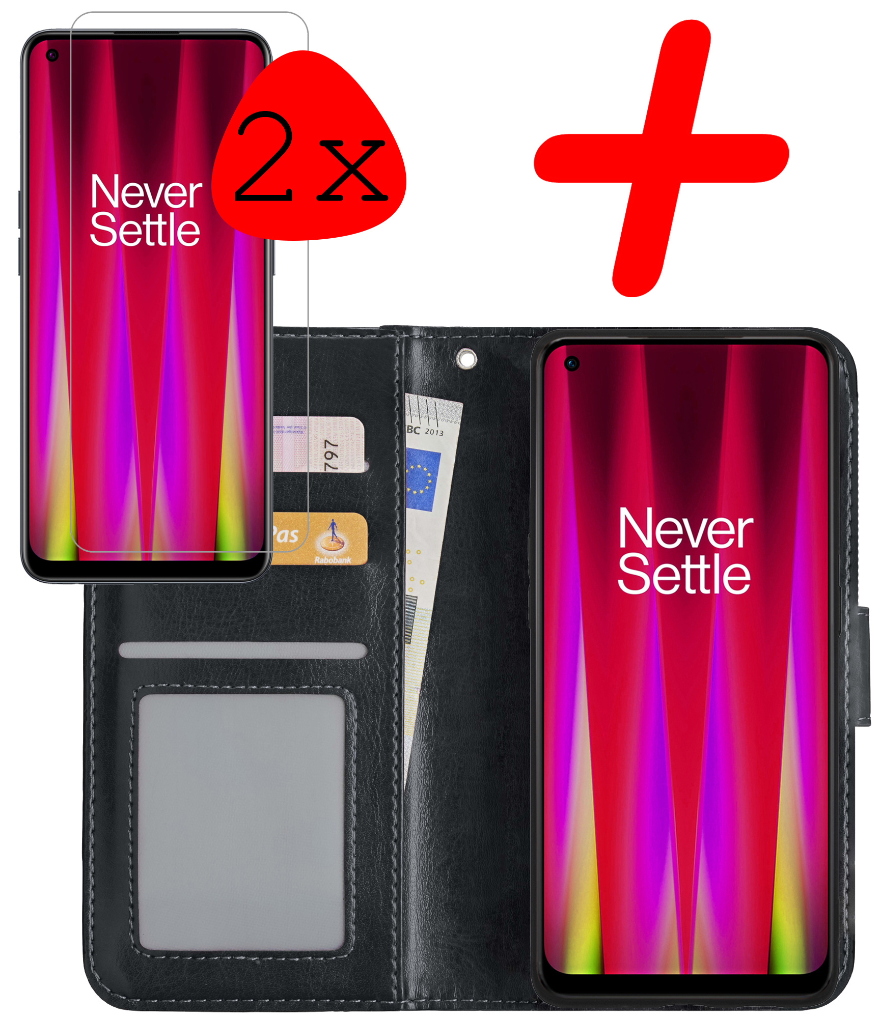 BASEY. Hoes Geschikt voor OnePlus Nord CE 2 Hoesje Bookcase Hoes Flip Case Book Cover Met 2x Screenprotector - Hoesje Geschikt voor OnePlus Nord CE 2 Hoes Book Case Hoesje - Zwart