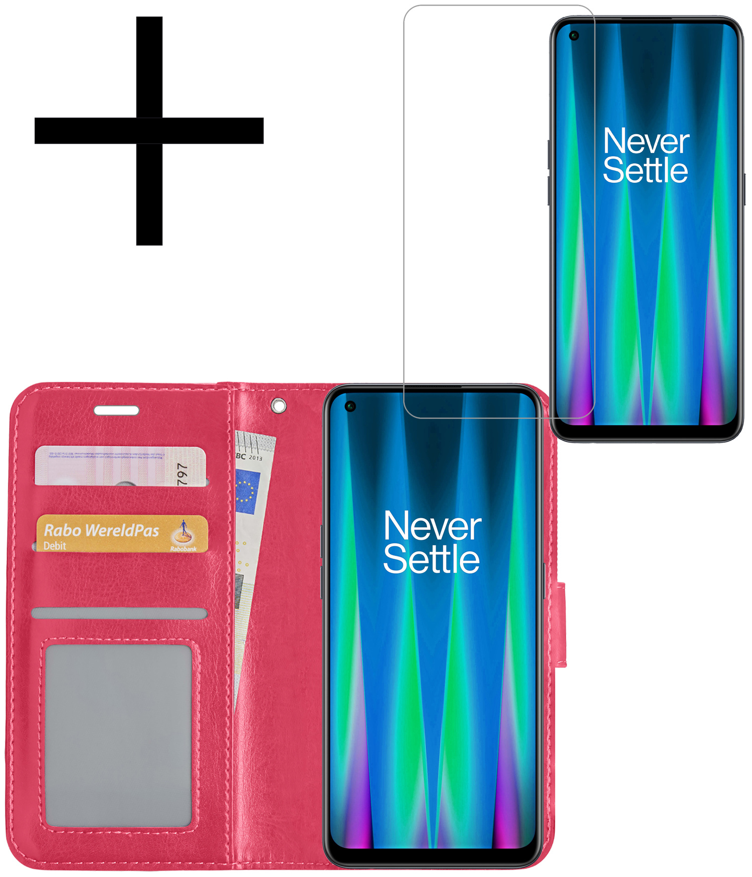 NoXx Hoes Geschikt voor OnePlus Nord CE 2 Hoesje Book Case Hoes Flip Cover Wallet Bookcase Met Screenprotector - Donkerroze