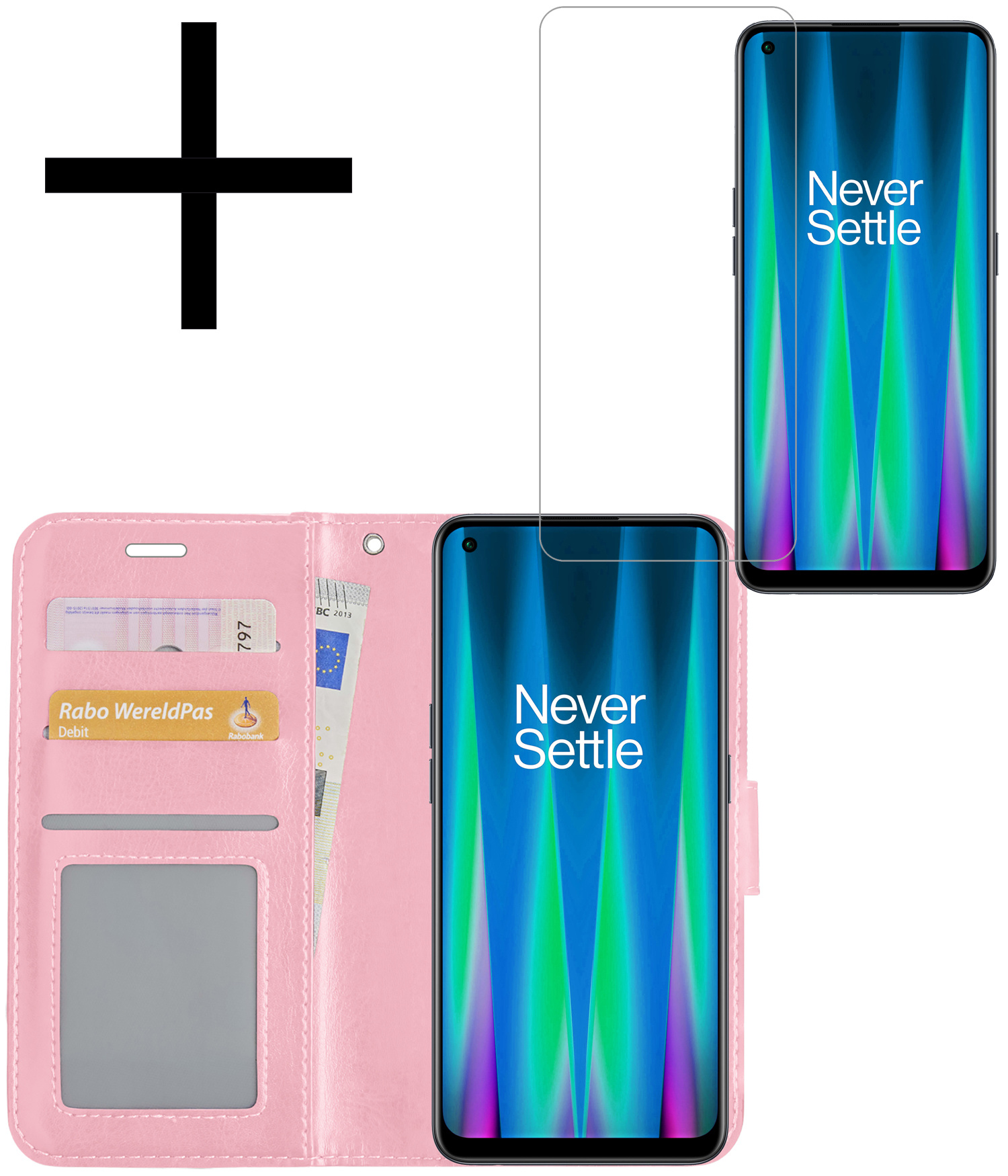 NoXx Hoes Geschikt voor OnePlus Nord CE 2 Hoesje Book Case Hoes Flip Cover Wallet Bookcase Met Screenprotector - Lichtroze