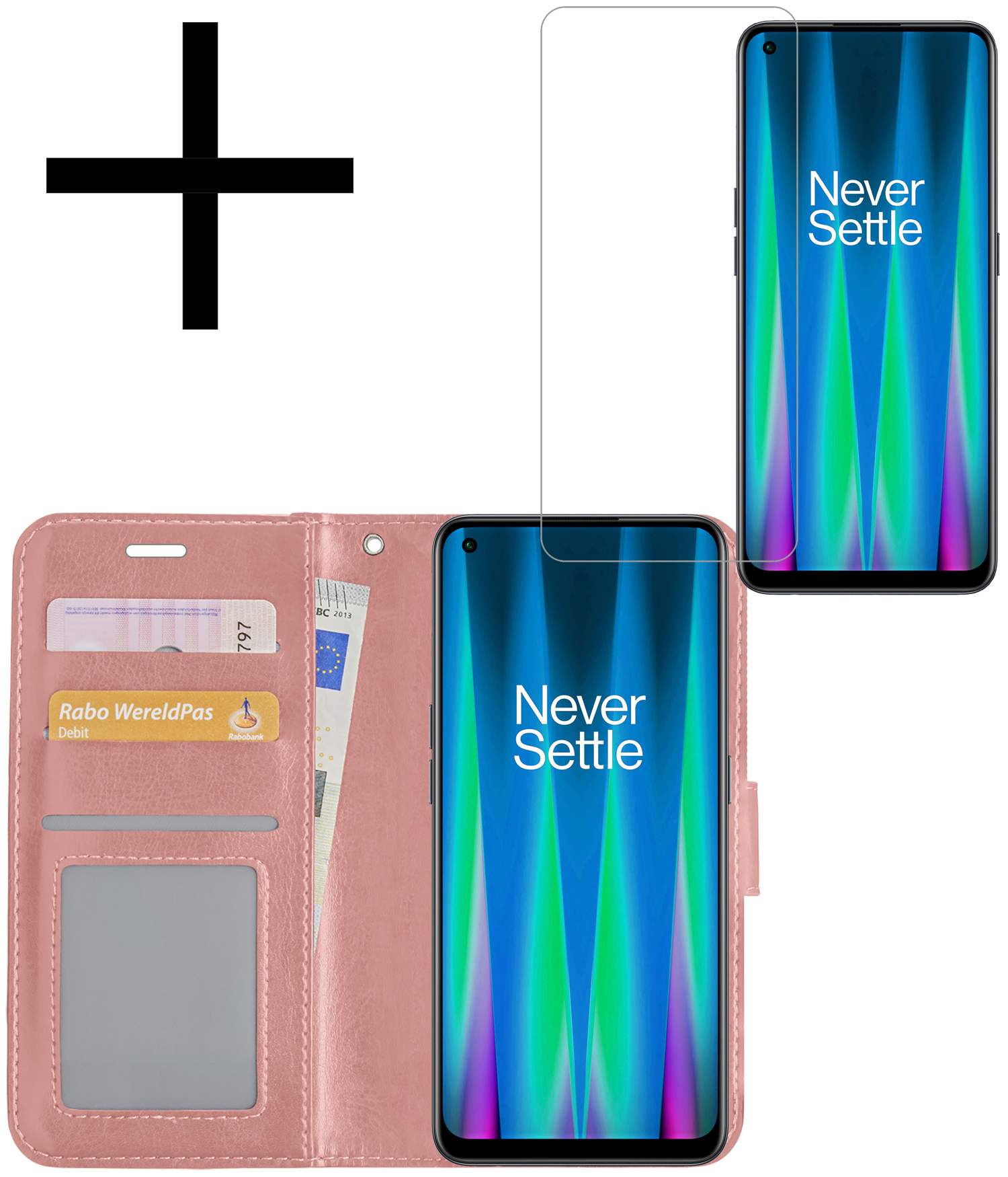 NoXx Hoes Geschikt voor OnePlus Nord CE 2 Hoesje Book Case Hoes Flip Cover Wallet Bookcase Met Screenprotector - Rosé goud