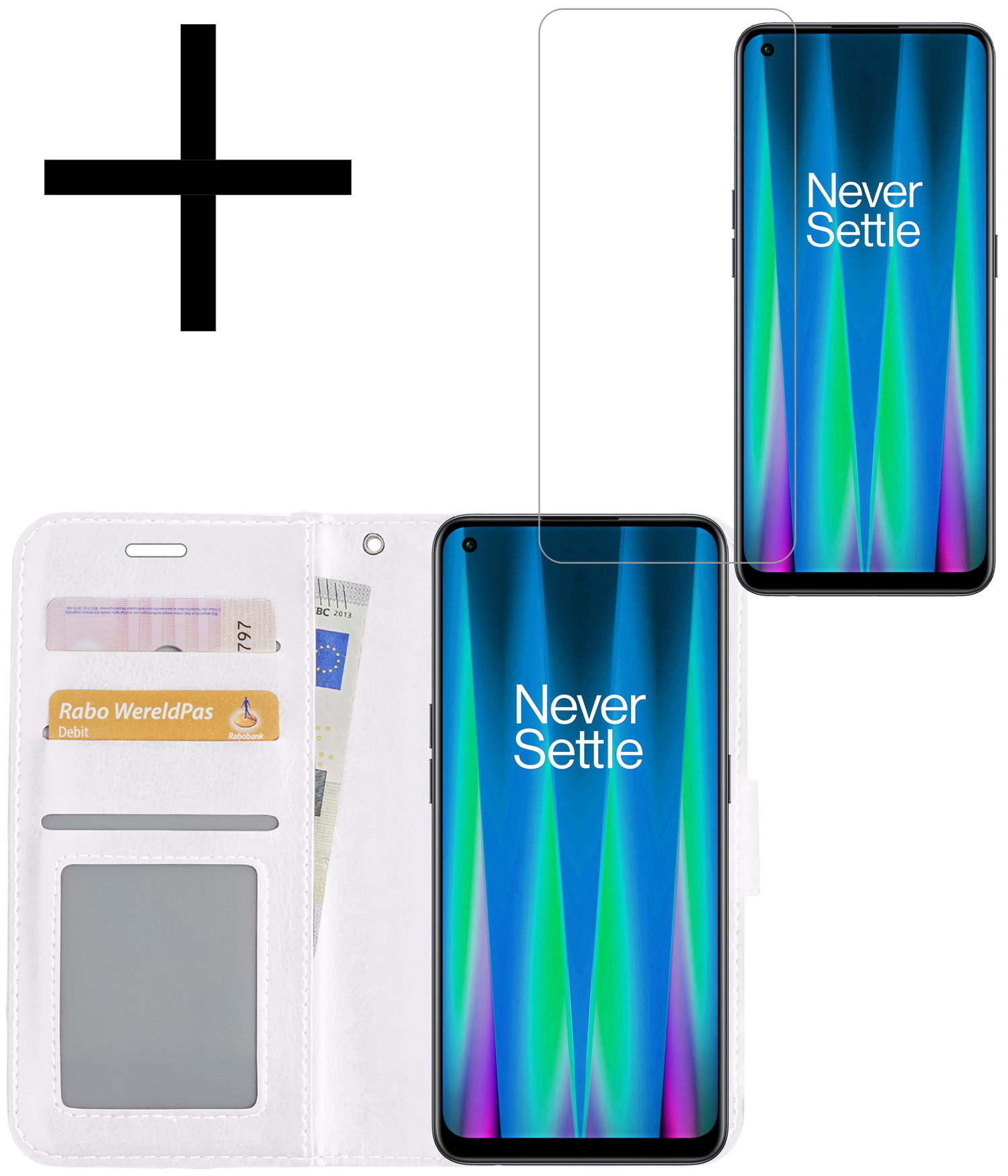 NoXx Hoes Geschikt voor OnePlus Nord CE 2 Hoesje Book Case Hoes Flip Cover Wallet Bookcase Met Screenprotector - Wit