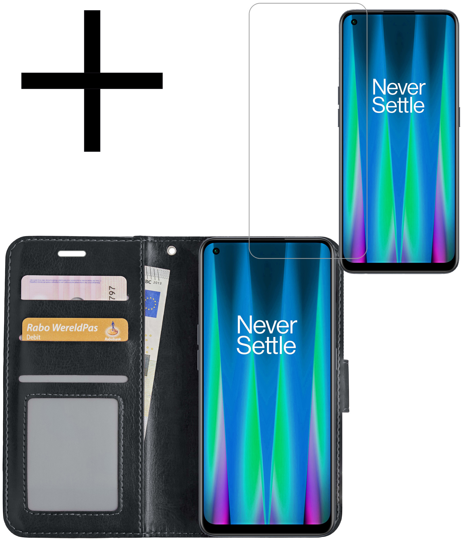 NoXx Hoes Geschikt voor OnePlus Nord CE 2 Hoesje Book Case Hoes Flip Cover Wallet Bookcase Met Screenprotector - Zwart