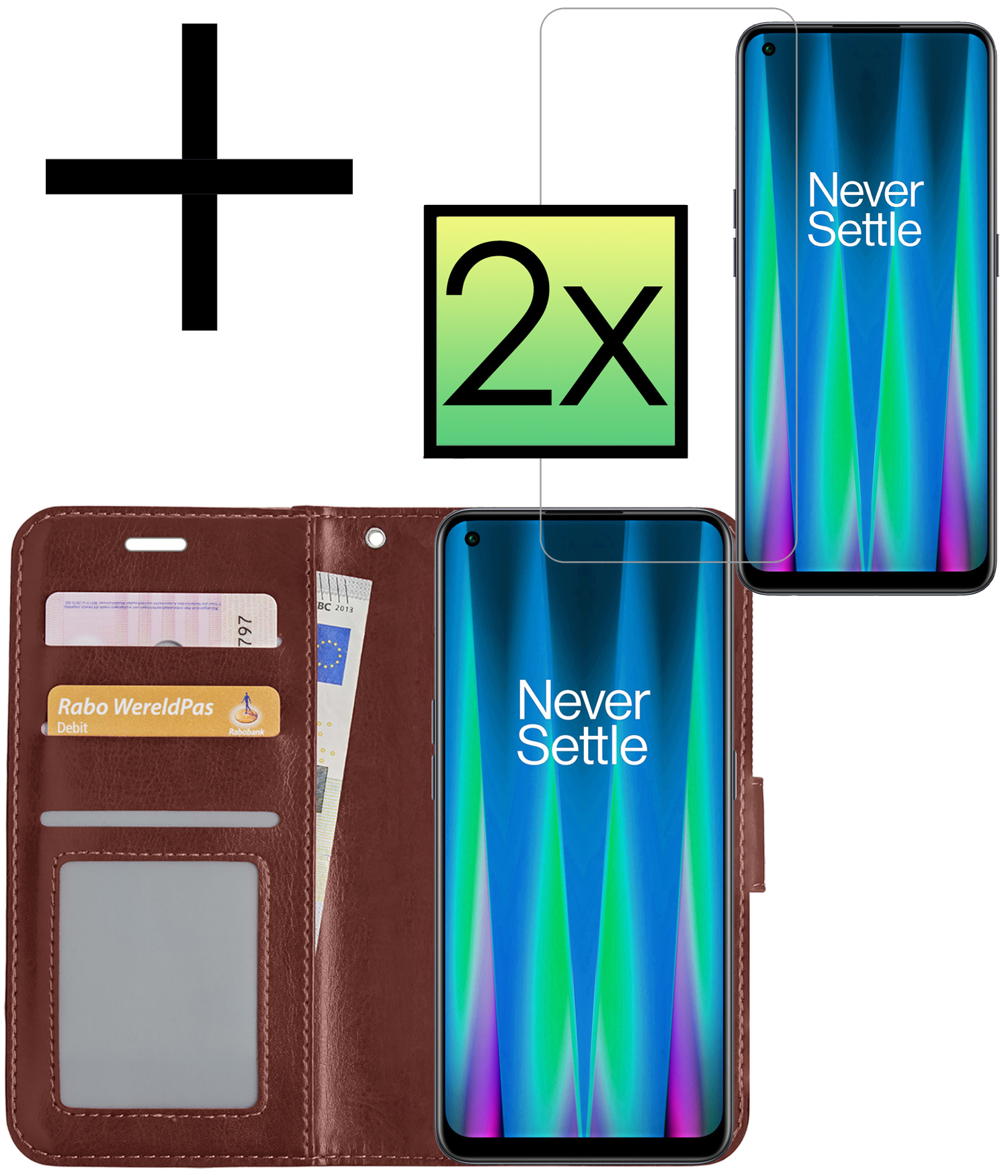NoXx Hoes Geschikt voor OnePlus Nord CE 2 Hoesje Book Case Hoes Flip Cover Wallet Bookcase Met 2x Screenprotector - Bruin