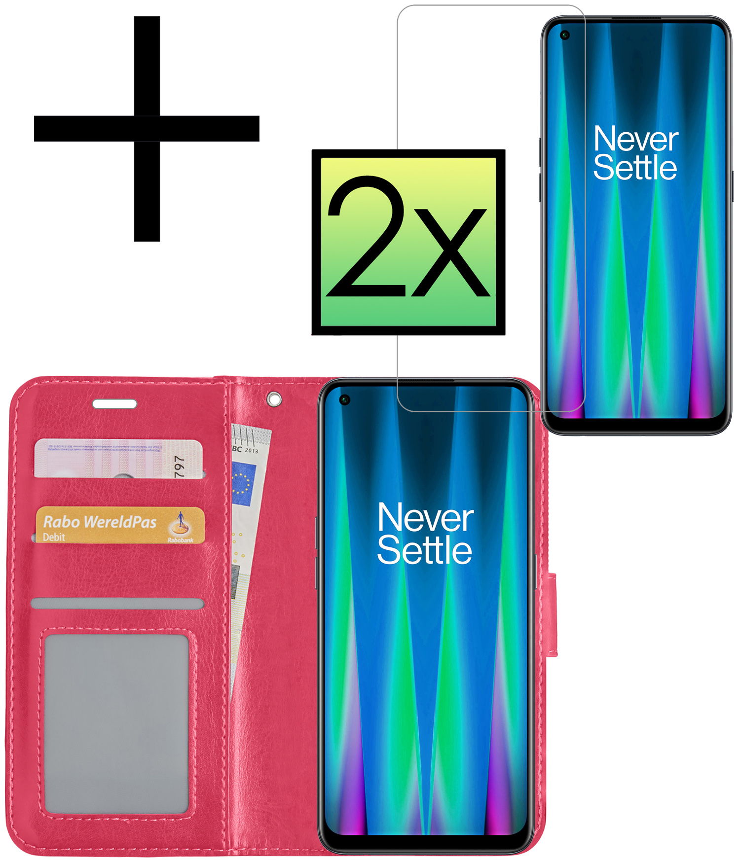 NoXx Hoes Geschikt voor OnePlus Nord CE 2 Hoesje Book Case Hoes Flip Cover Wallet Bookcase Met 2x Screenprotector - Donkerroze
