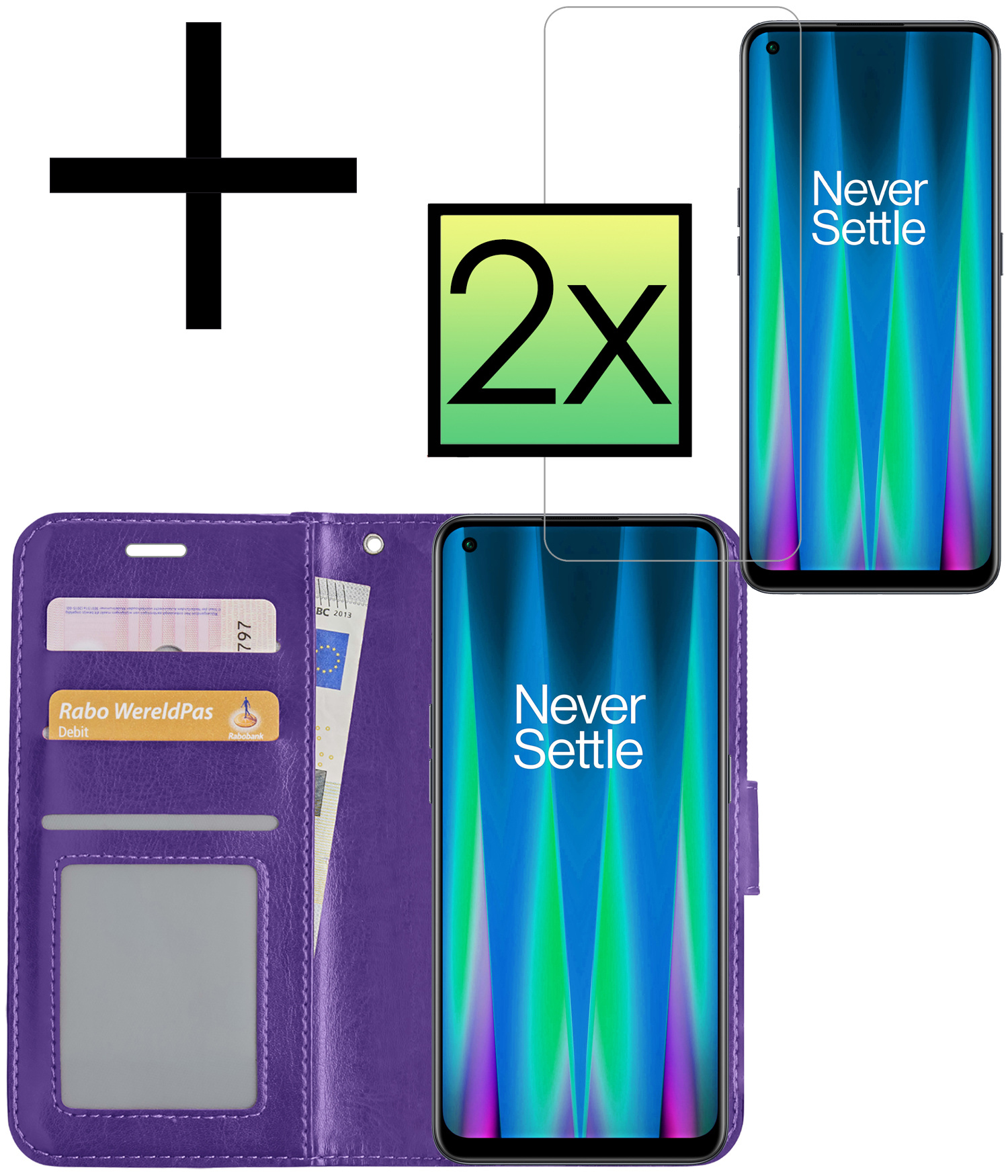 NoXx Hoes Geschikt voor OnePlus Nord CE 2 Hoesje Book Case Hoes Flip Cover Wallet Bookcase Met 2x Screenprotector - Paars