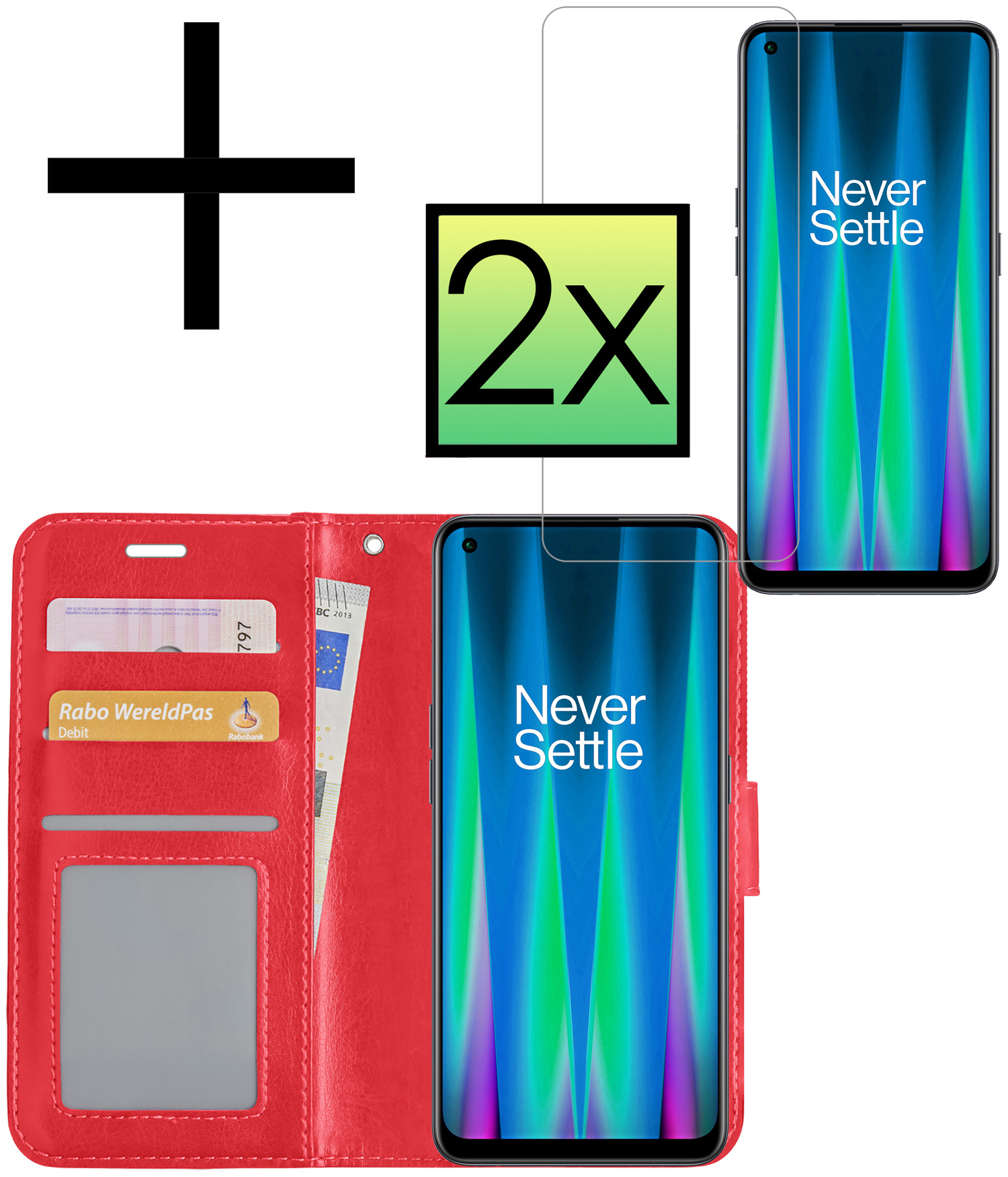 NoXx Hoes Geschikt voor OnePlus Nord CE 2 Hoesje Book Case Hoes Flip Cover Wallet Bookcase Met 2x Screenprotector - Rood