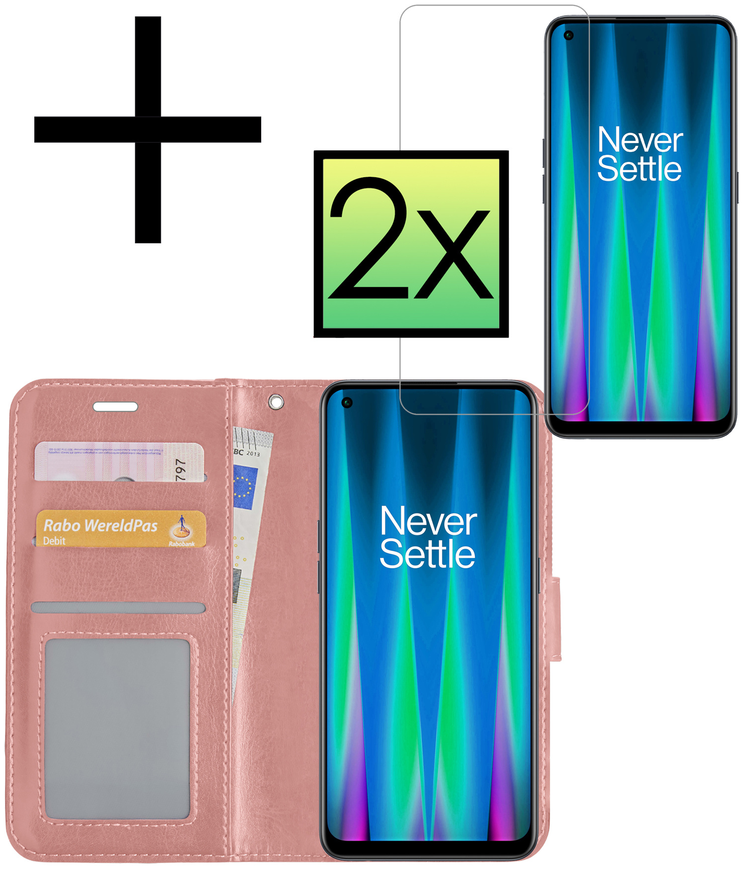 NoXx Hoes Geschikt voor OnePlus Nord CE 2 Hoesje Book Case Hoes Flip Cover Wallet Bookcase Met 2x Screenprotector - Rosé goud