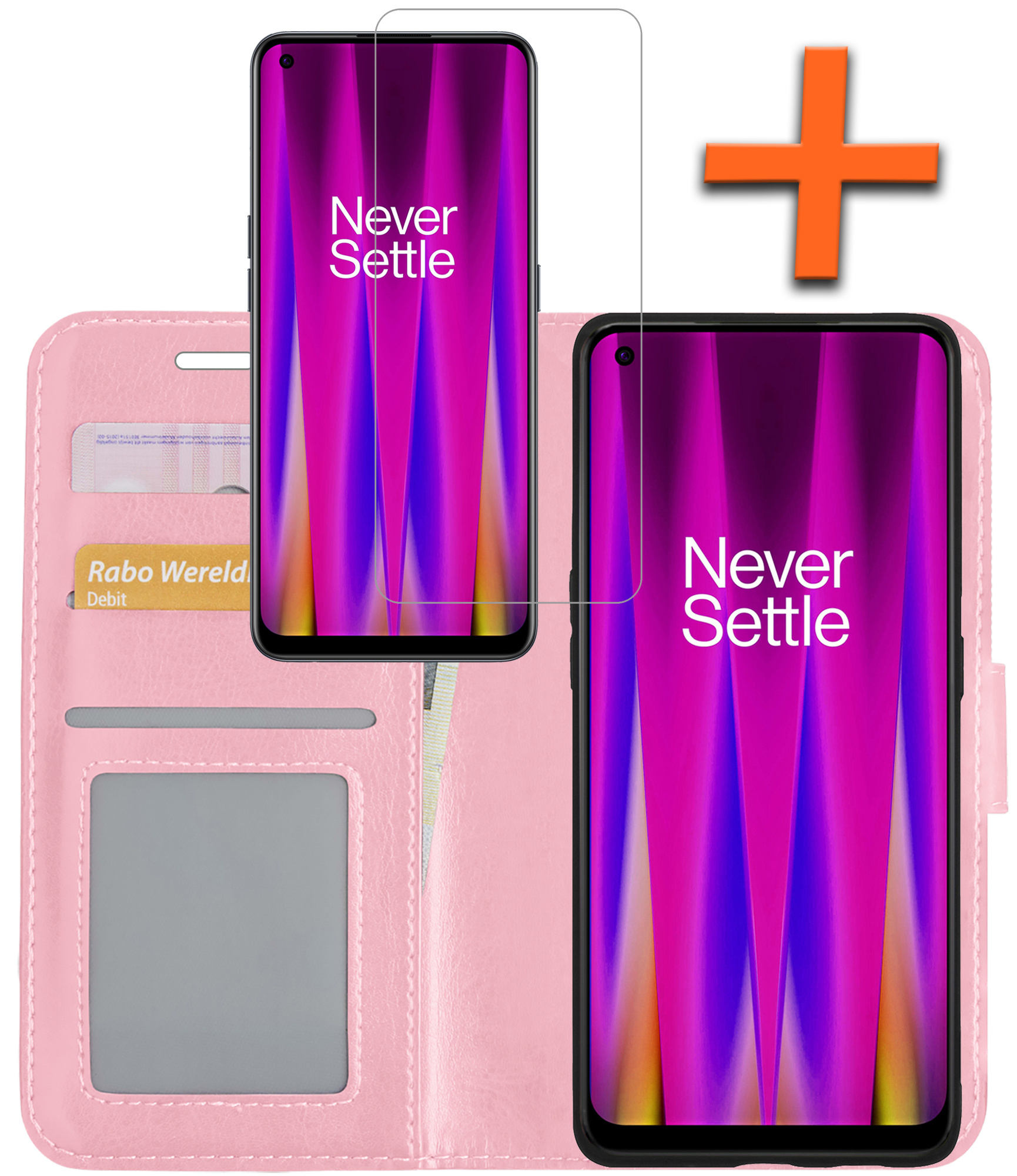 Nomfy Hoesje Geschikt voor OnePlus Nord CE 2 Hoes Bookcase Flipcase Book Cover Met Screenprotector - Hoes Geschikt voor OnePlus Nord CE 2 Hoesje Book Case - Lichtroze