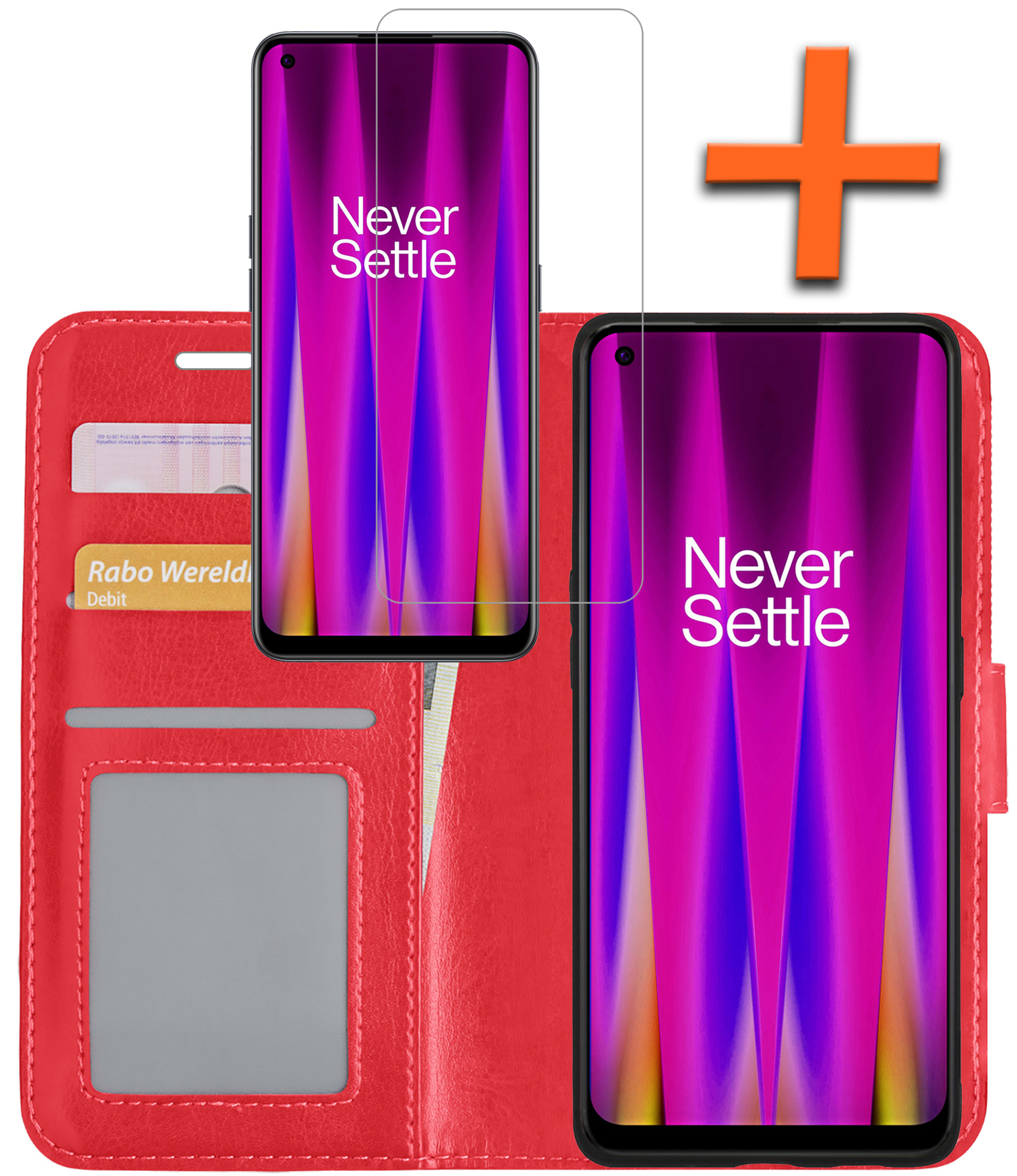 Nomfy Hoesje Geschikt voor OnePlus Nord CE 2 Hoes Bookcase Flipcase Book Cover Met Screenprotector - Hoes Geschikt voor OnePlus Nord CE 2 Hoesje Book Case - Rood