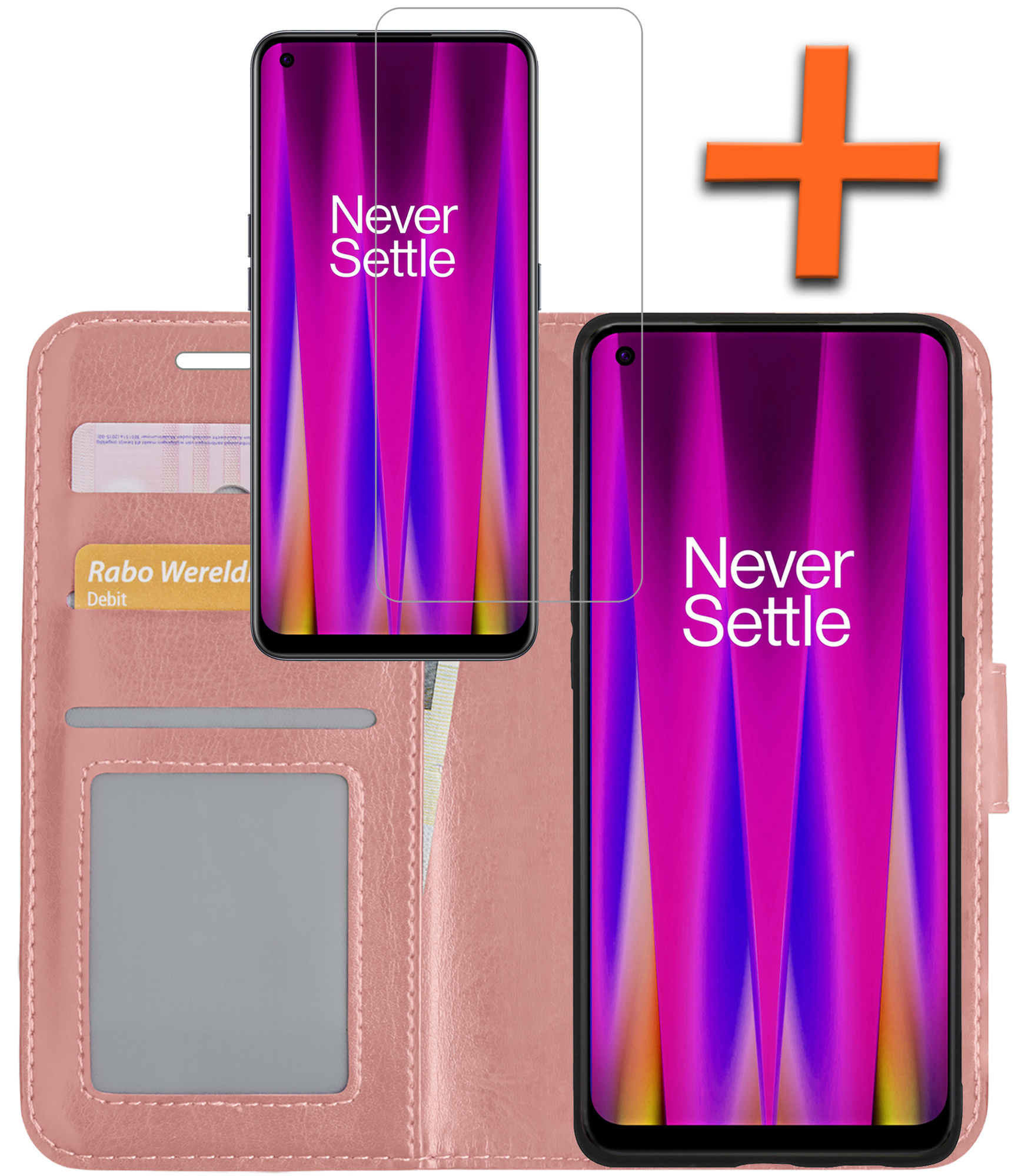 Nomfy Hoesje Geschikt voor OnePlus Nord CE 2 Hoes Bookcase Flipcase Book Cover Met Screenprotector - Hoes Geschikt voor OnePlus Nord CE 2 Hoesje Book Case - Rosé goud