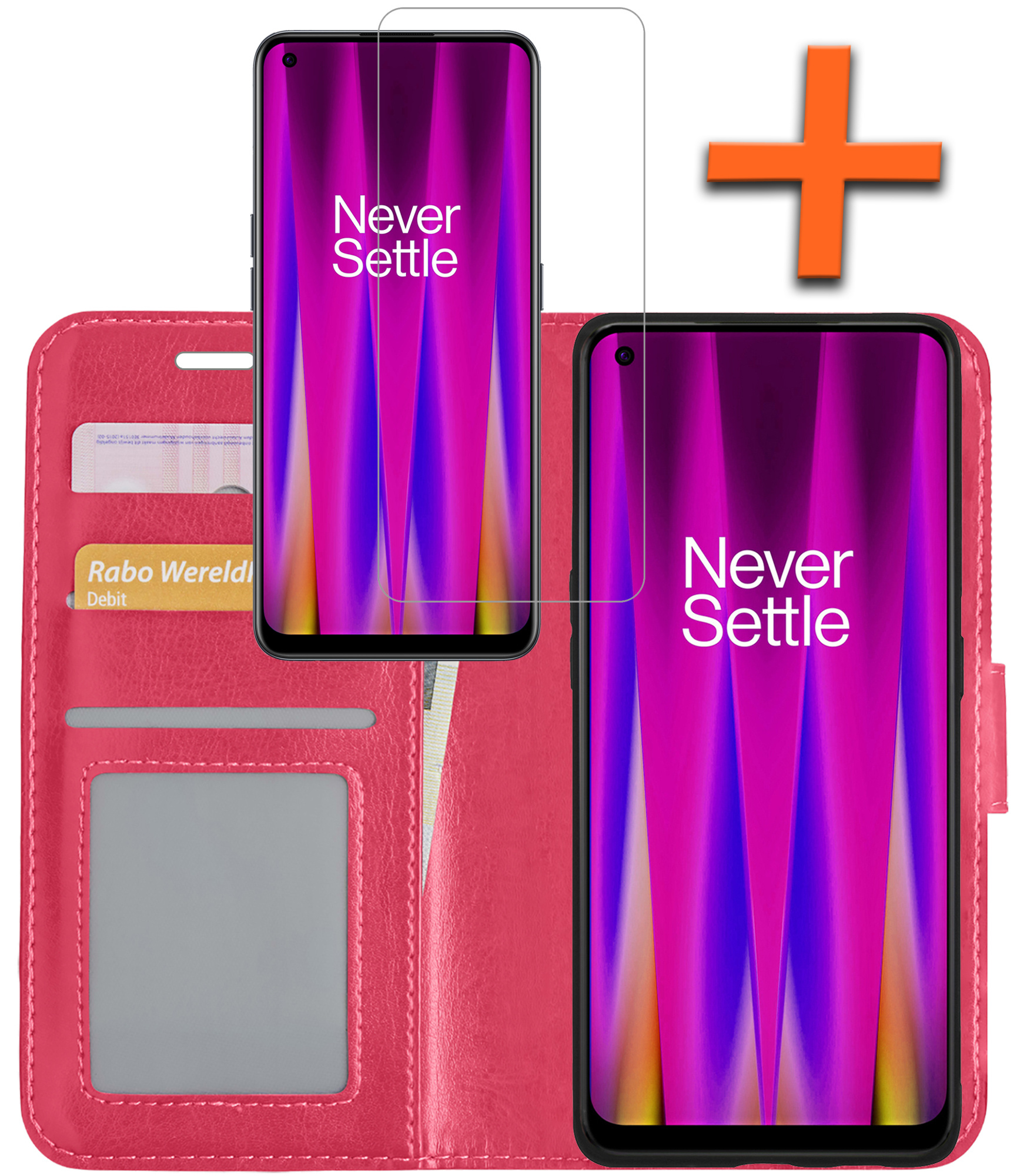 Nomfy Hoesje Geschikt voor OnePlus Nord CE 2 Hoes Bookcase Flipcase Book Cover Met Screenprotector - Hoes Geschikt voor OnePlus Nord CE 2 Hoesje Book Case - Donkerroze