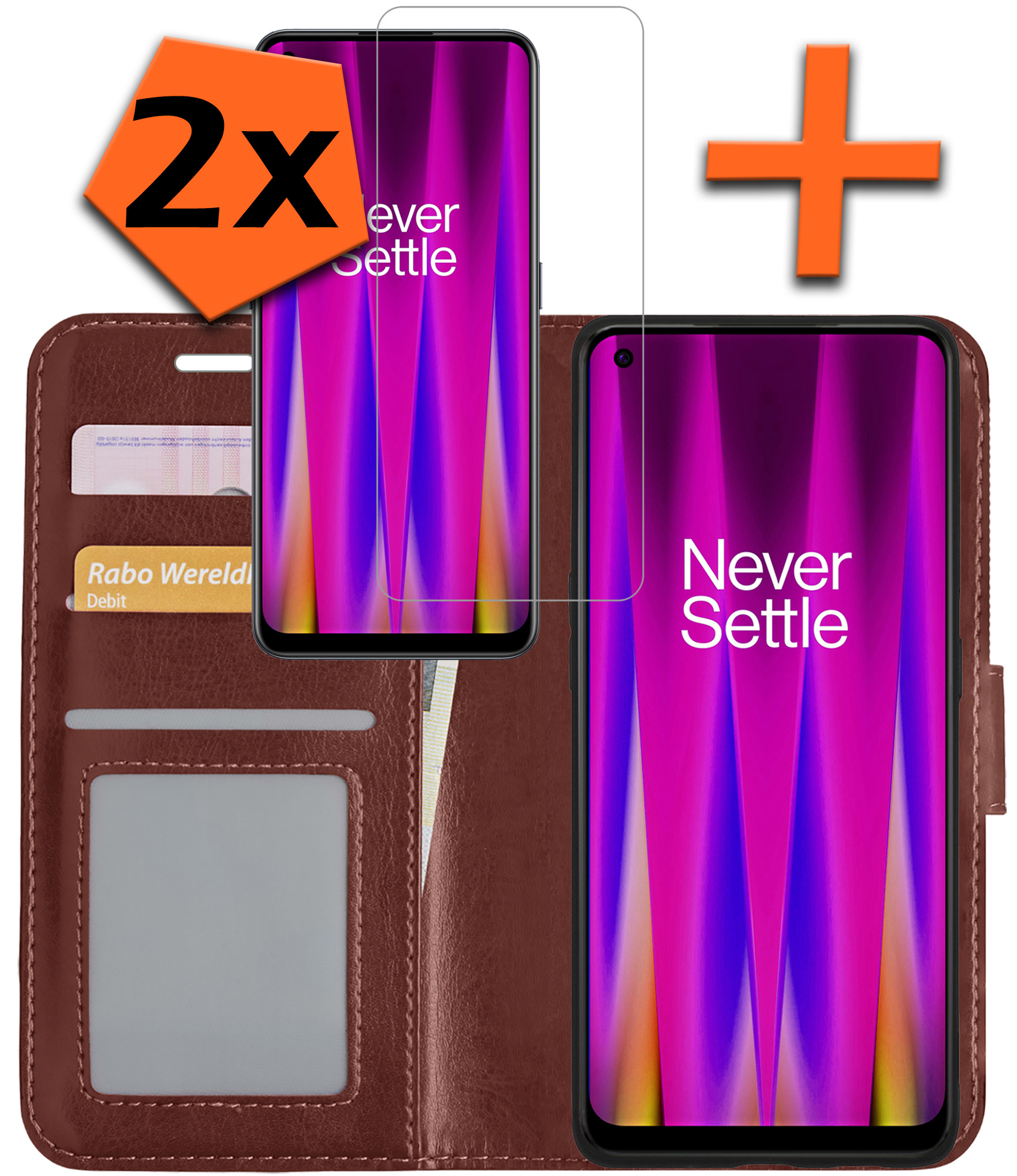 Nomfy Hoesje Geschikt voor OnePlus Nord CE 2 Hoes Bookcase Flipcase Book Cover Met 2x Screenprotector - Hoes Geschikt voor OnePlus Nord CE 2 Hoesje Book Case - Bruin