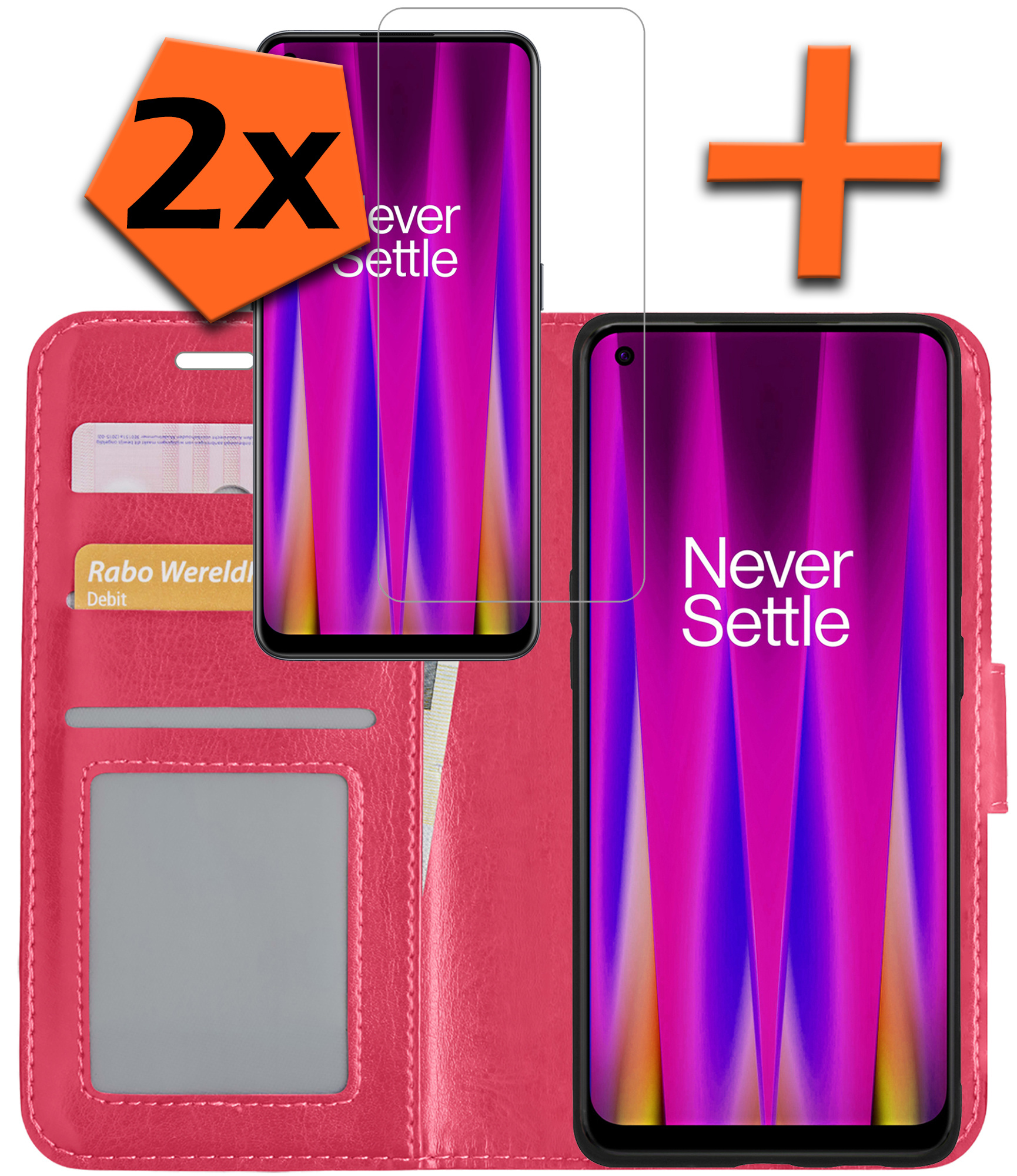 Nomfy Hoesje Geschikt voor OnePlus Nord CE 2 Hoes Bookcase Flipcase Book Cover Met 2x Screenprotector - Hoes Geschikt voor OnePlus Nord CE 2 Hoesje Book Case - Donkerroze
