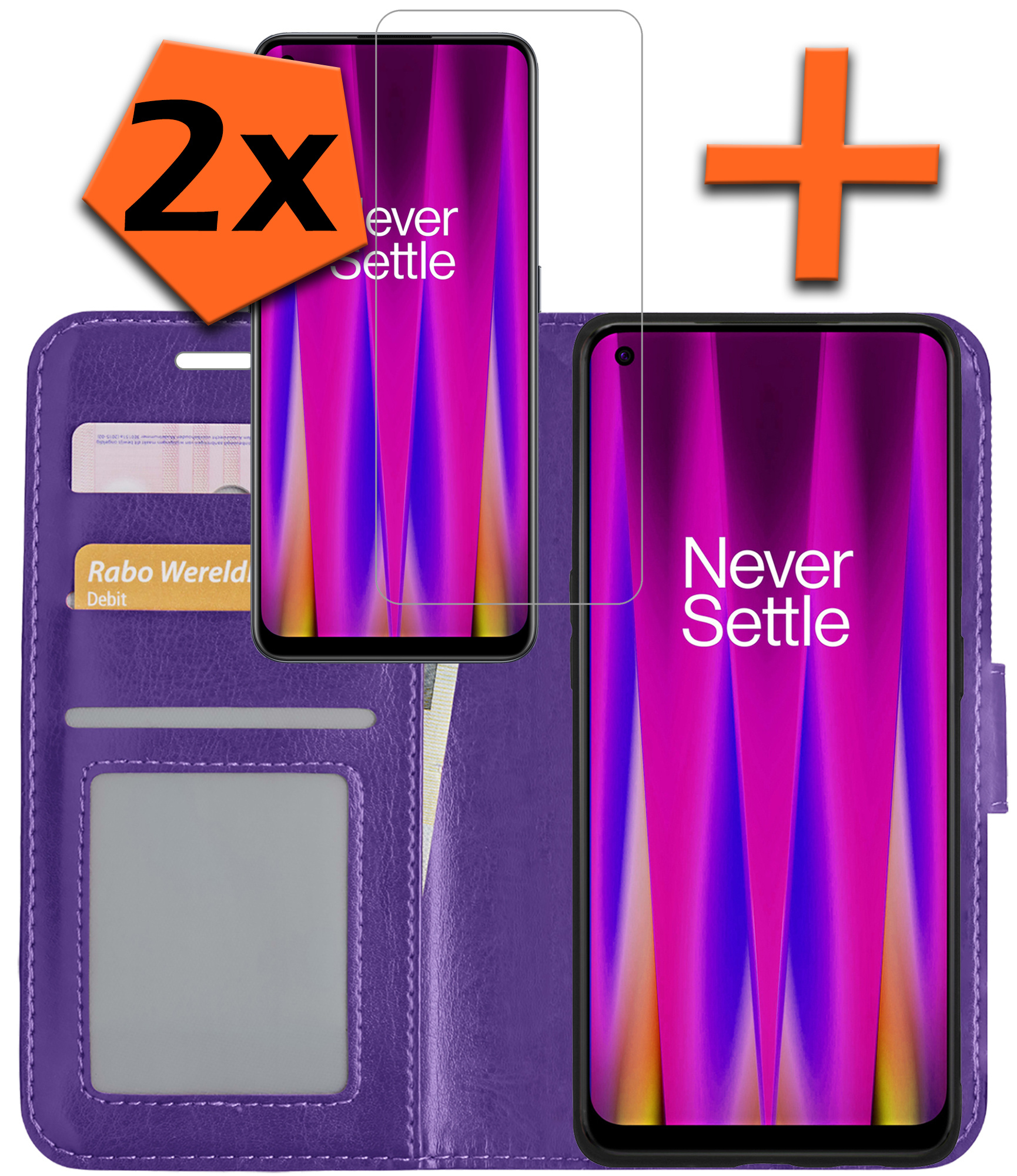 Nomfy OnePlus Nord CE 2 Hoes Bookcase Flipcase Book Cover Met 2x Screenprotector - OnePlus Nord CE 2 Hoesje Book Case - Paars