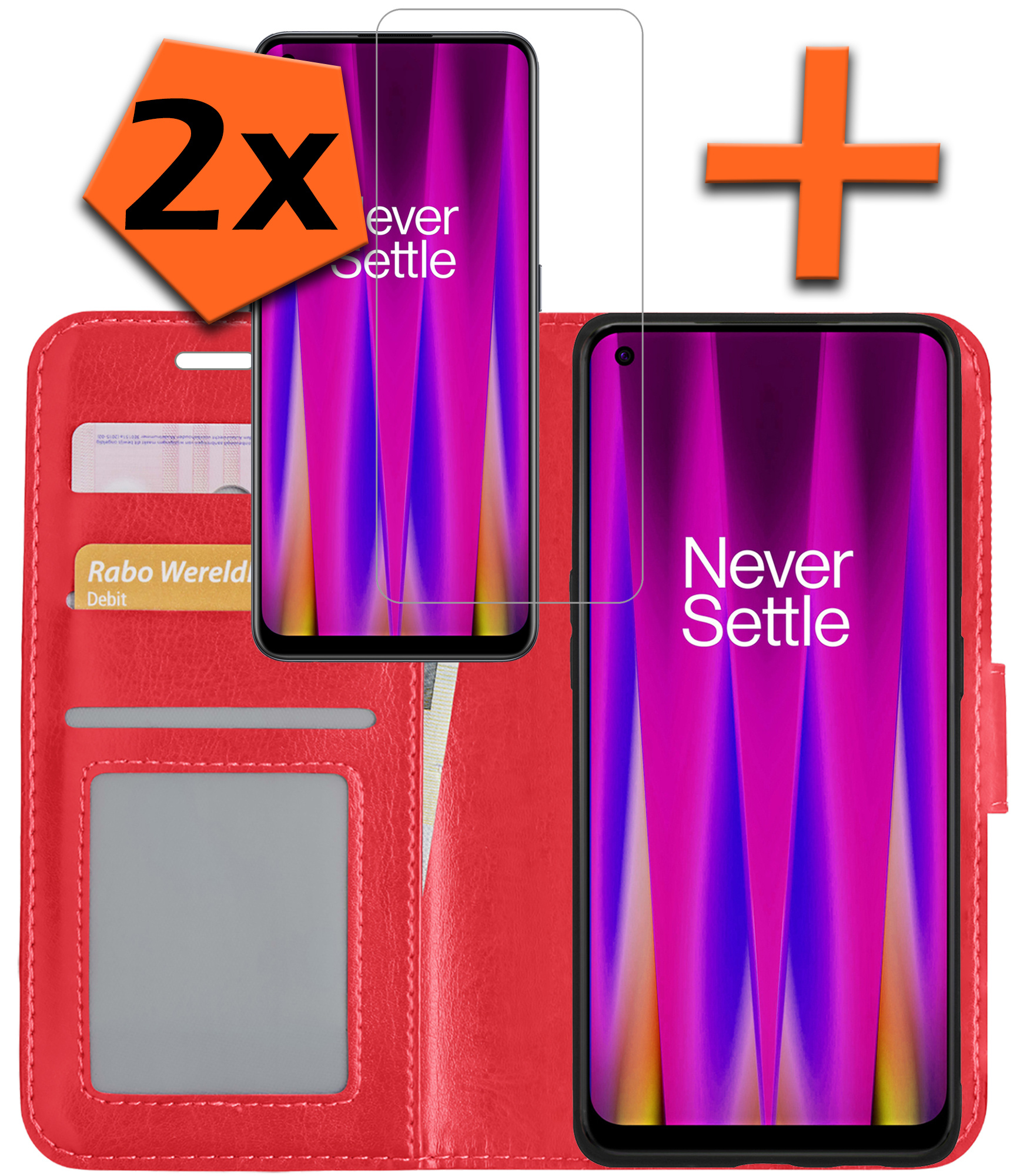 Nomfy Hoesje Geschikt voor OnePlus Nord CE 2 Hoes Bookcase Flipcase Book Cover Met 2x Screenprotector - Hoes Geschikt voor OnePlus Nord CE 2 Hoesje Book Case - Rood