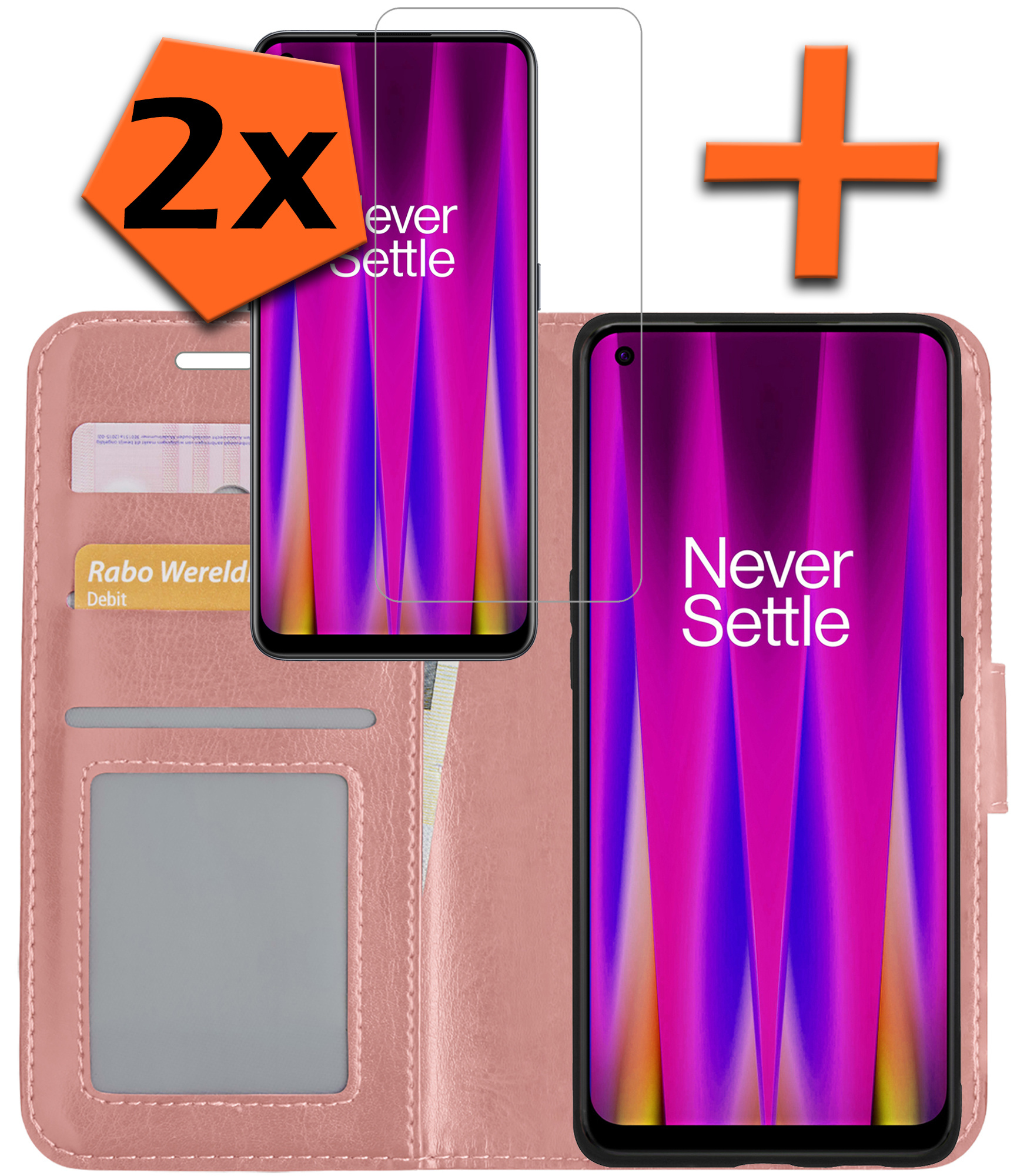 Nomfy Hoesje Geschikt voor OnePlus Nord CE 2 Hoes Bookcase Flipcase Book Cover Met 2x Screenprotector - Hoes Geschikt voor OnePlus Nord CE 2 Hoesje Book Case - Rosé goud