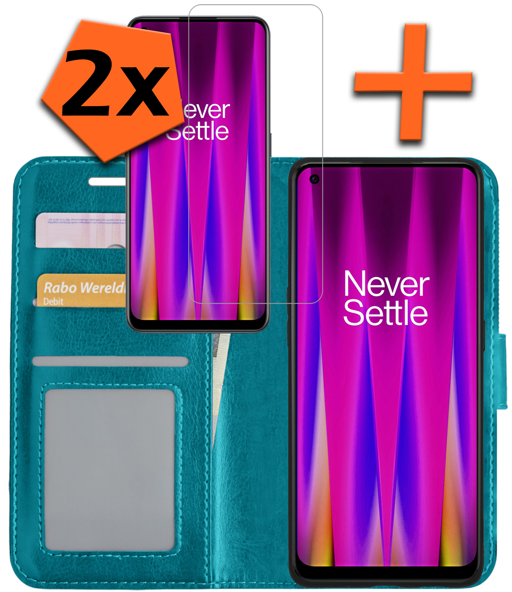 Nomfy OnePlus Nord CE 2 Hoes Bookcase Flipcase Book Cover Met 2x Screenprotector - OnePlus Nord CE 2 Hoesje Book Case - Turquoise