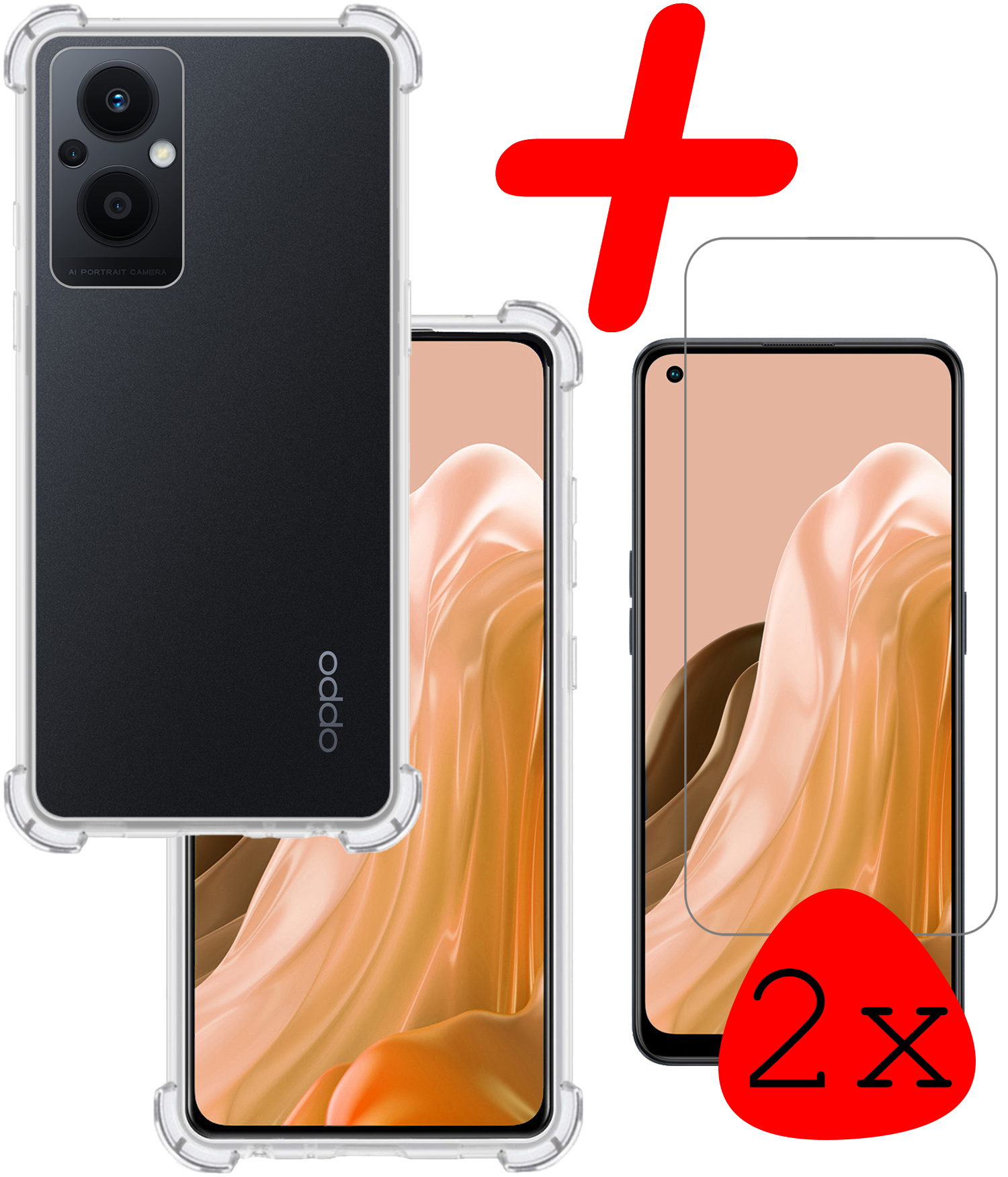 BASEY. Hoes Geschikt voor OPPO Reno 8 Lite Hoesje Shock Proof Case Hoes Siliconen Met 2x Screenprotector - Hoesje Geschikt voor OPPO Reno 8 Lite Hoes Cover Shockproof - Transparant