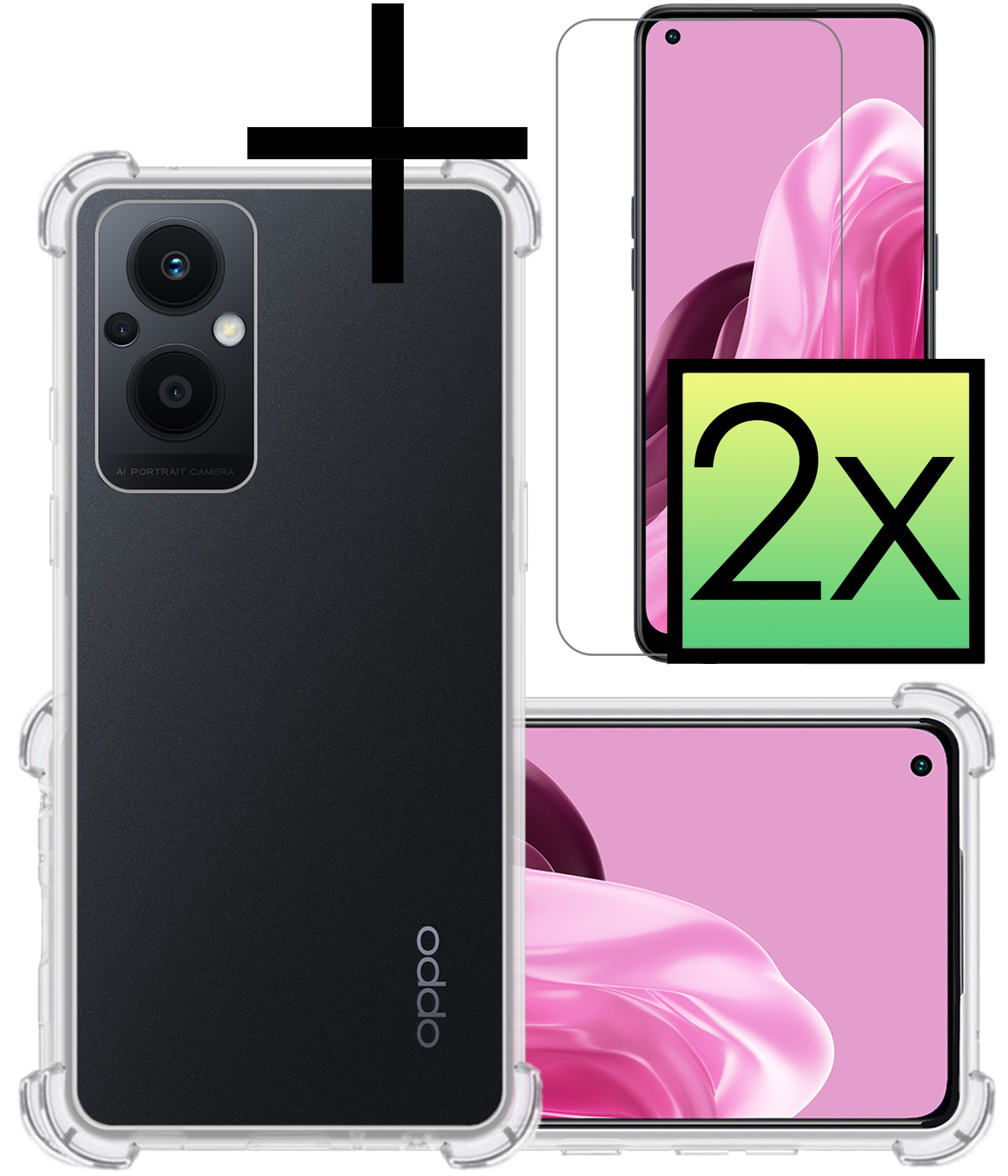 NoXx Hoes Geschikt voor OPPO Reno 8 Lite Hoesje Siliconen Cover Shock Proof Back Case Shockproof Hoes Met 2x Screenprotector - Transparant