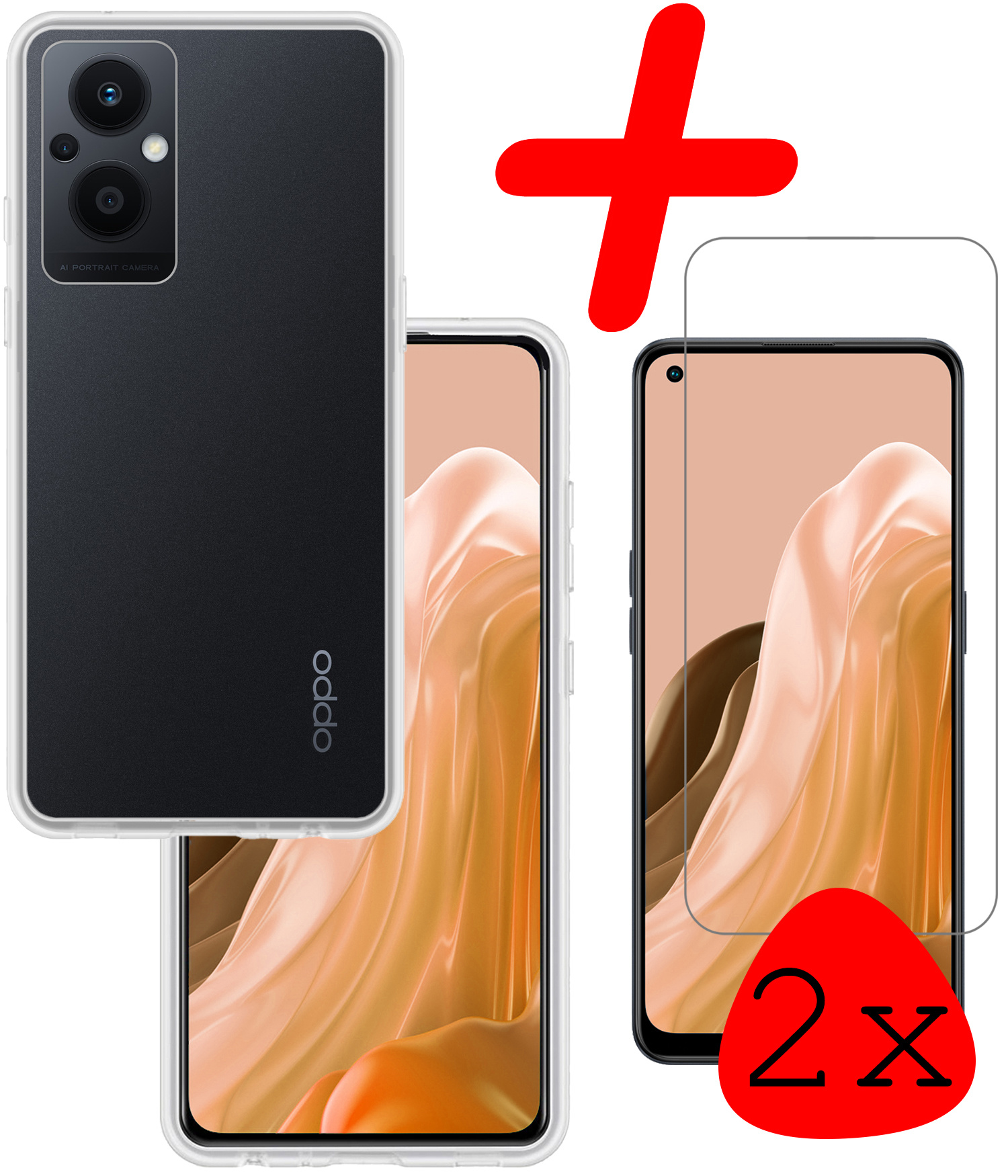 BASEY. Hoes Geschikt voor OPPO Reno 8 Lite Hoesje Siliconen Back Cover Case Met 2x Screenprotector - Hoesje Geschikt voor OPPO Reno 8 Lite Hoes Cover Hoesje - Transparant