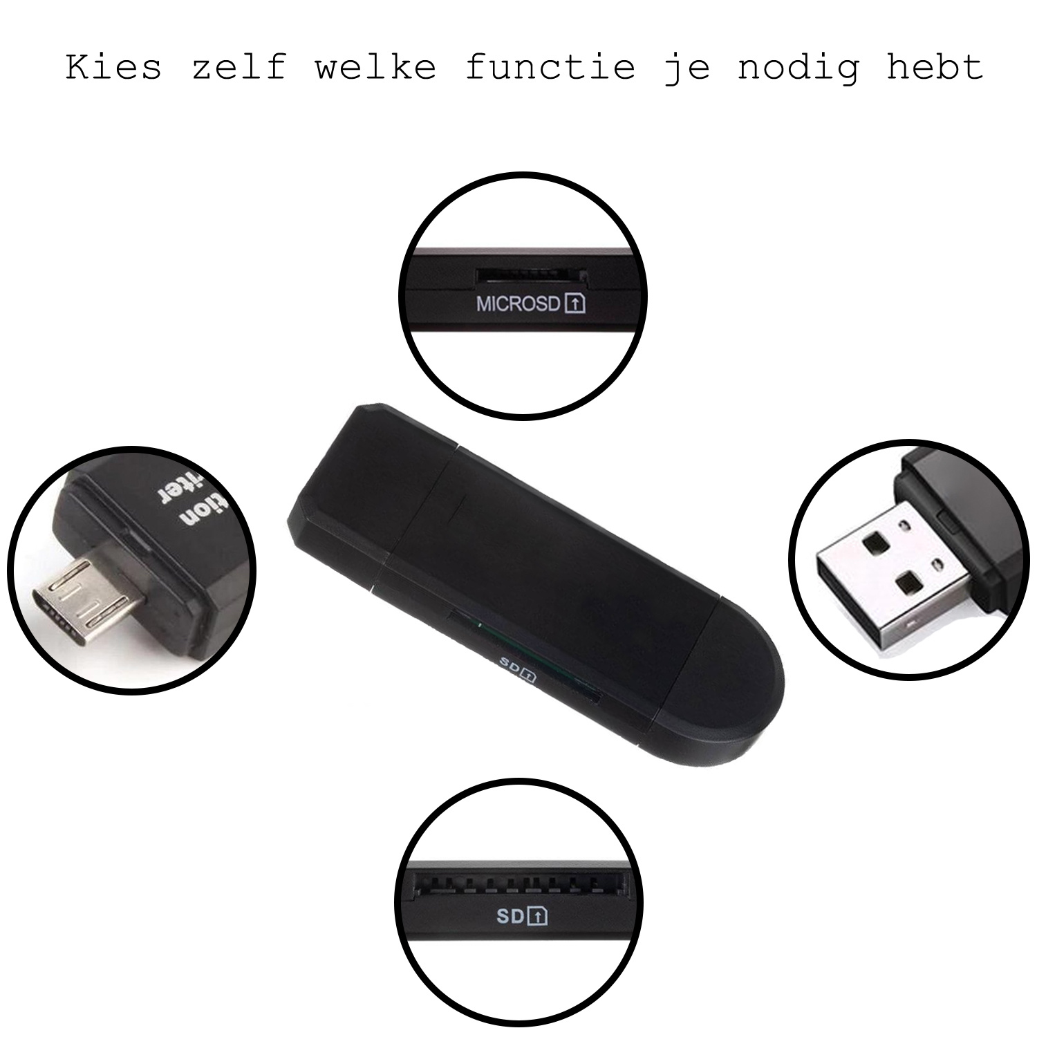 BASEY. SD Card Reader USB Micro SD Kaartlezer USB OTG 4-in-1 - Geschikt voor Telefoon, PC en Tablet