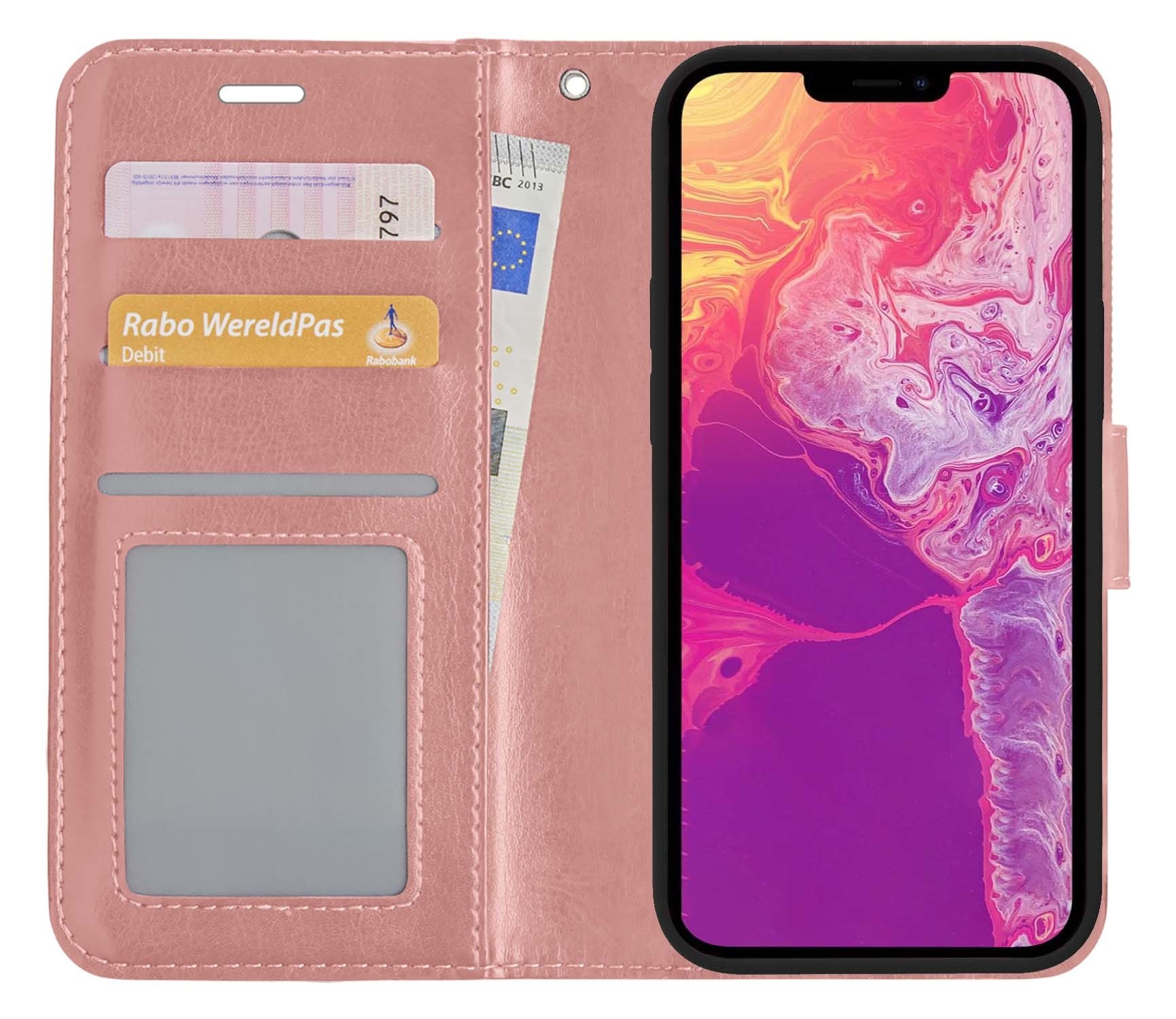 BASEY. Hoes Geschikt voor iPhone 14 Plus Hoesje Bookcase Hoes Flip Case Book Cover - Hoesje Geschikt voor iPhone 14 Plus Hoes Book Case Hoesje - Rosé goud