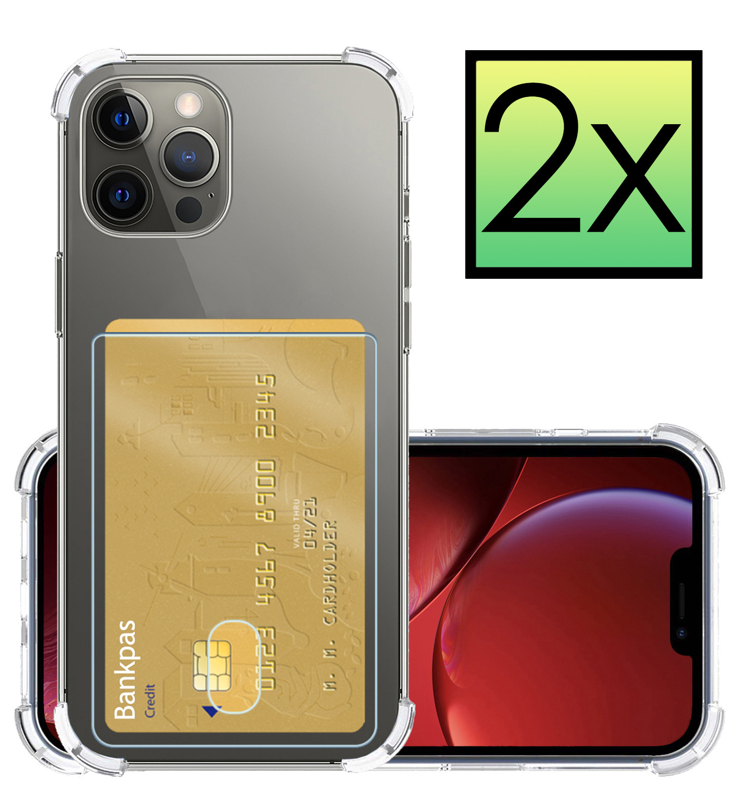 NoXx Hoes Geschikt voor iPhone 14 Pro Hoesje Pasjeshouder Cover Shock Proof Case Siliconen Hoes Met Kaarthouder - Transparant - 2x