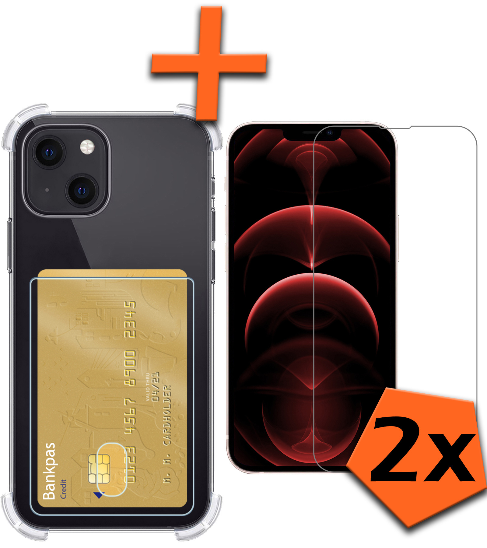 Nomfy Hoesje Geschikt voor iPhone 14 Hoesje Pasjeshouder Shockproof Pas Houder Met 2x Screenprotector - Hoesje Geschikt voor iPhone 14 Hoes Met Kaarthouder - Transparant