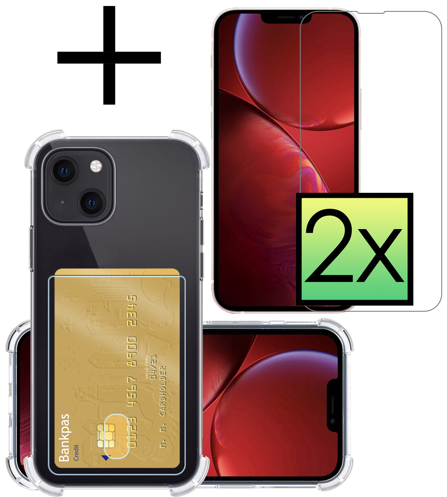 NoXx Hoes Geschikt voor iPhone 14 Plus Hoesje Pasjeshouder Cover Shock Proof Case Siliconen Hoes Met Kaarthouder Met 2x Screenprotector - Transparant