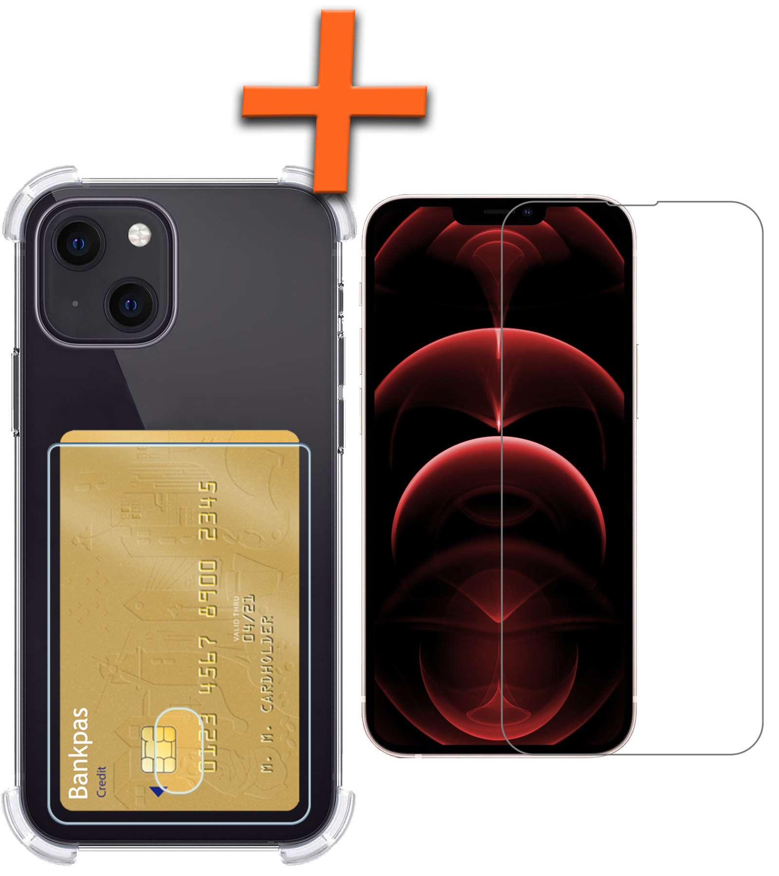 Nomfy Hoes voor iPhone 14 Plus Hoesje Pasjeshouder Met Screenprotector - Hoes voor iPhone 14 Plus Pas Houder Case Met Beschermglas - Transparant