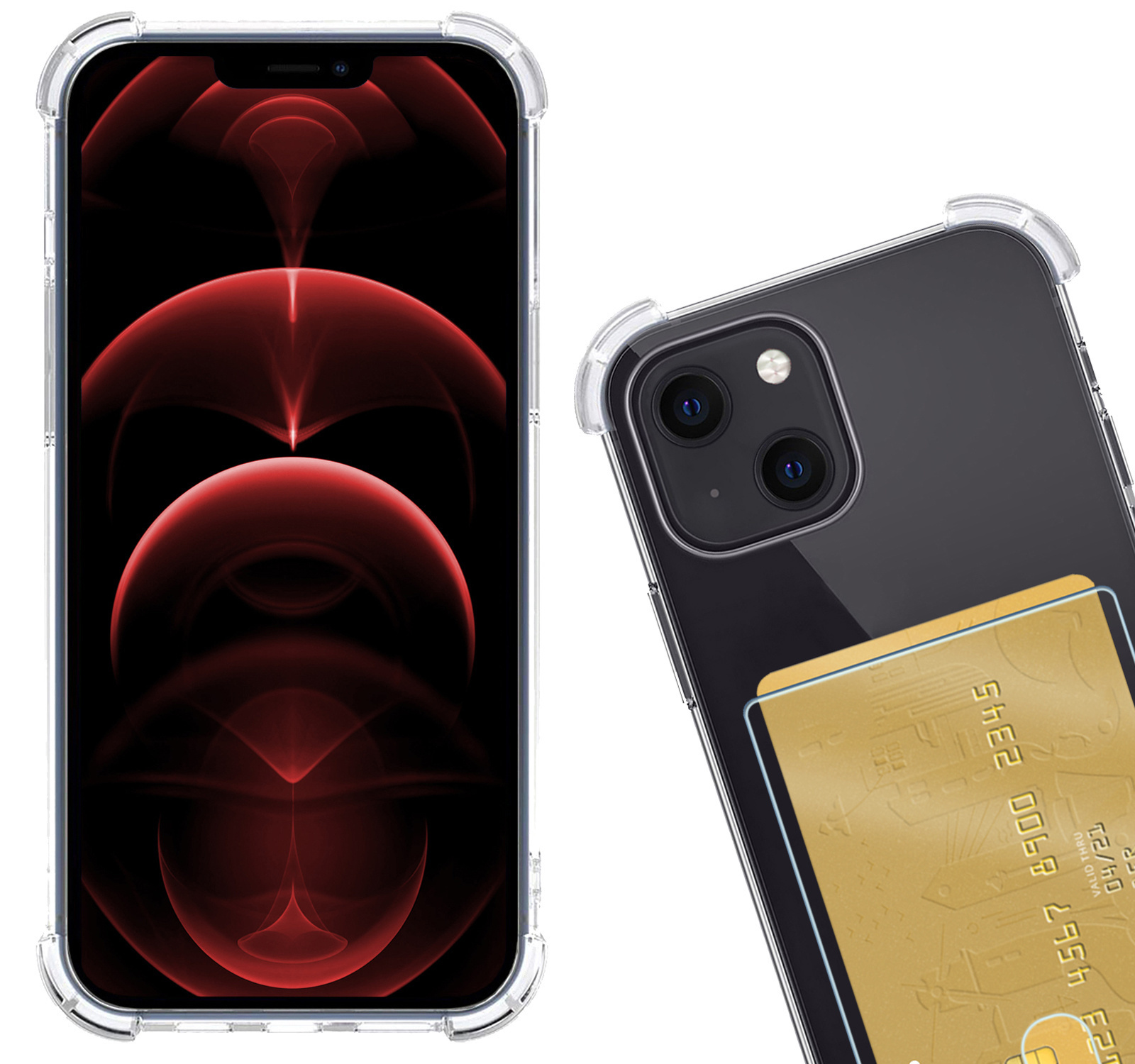 Nomfy Hoes voor iPhone 14 Plus Hoesje Pasjeshouder Met 2x Screenprotector - Hoes voor iPhone 14 Plus Pas Houder Case Met 2x Beschermglas - Transparant