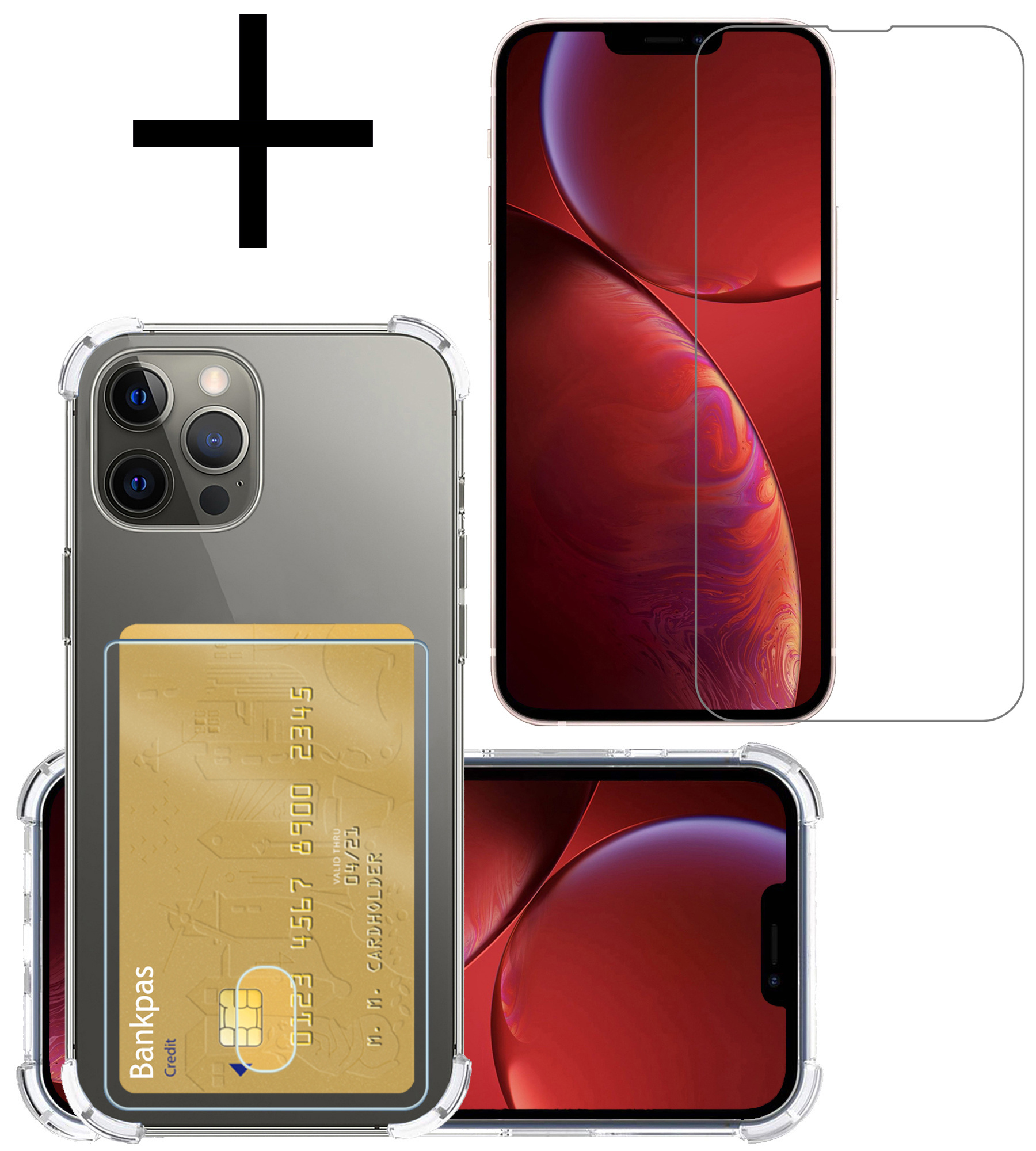 NoXx Hoes Geschikt voor iPhone 14 Pro Hoesje Pasjeshouder Cover Shock Proof Case Siliconen Hoes Met Kaarthouder Met Screenprotector - Transparant