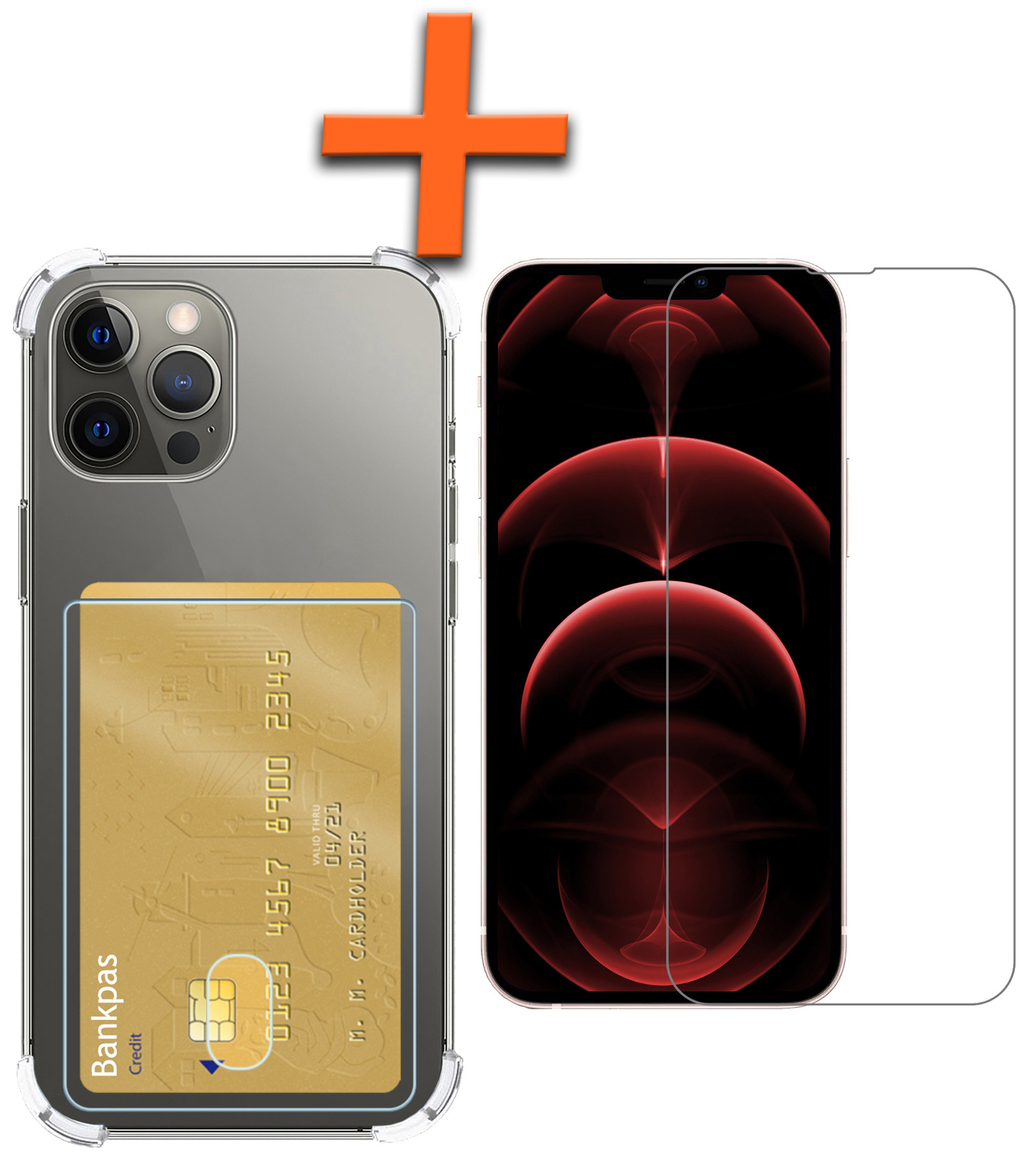 Nomfy Hoes voor iPhone 14 Pro Max Hoesje Pasjeshouder Met Screenprotector - Hoes voor iPhone 14 Pro Max Pas Houder Case Met Beschermglas - Transparant