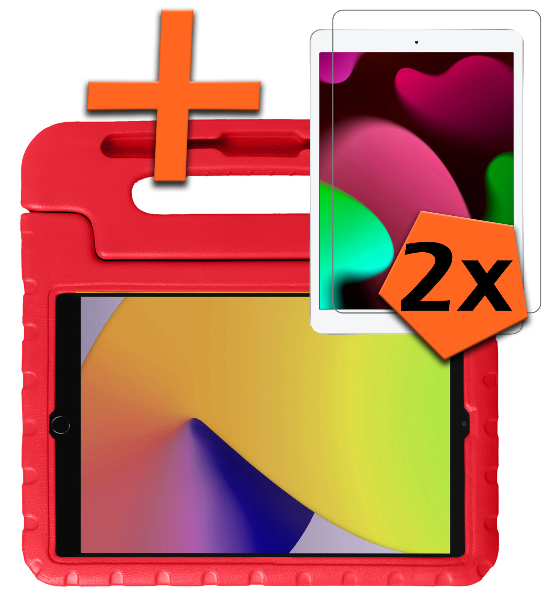 Nomfy Hoes Geschikt voor iPad 10.2 2021 Hoes Bumper Kindvriendelijk Kids Case Kinderhoes Met 2x Screenprotector - Hoesje Geschikt voor iPad 9 Hoesje Shockproof Cover Hoes - Rood