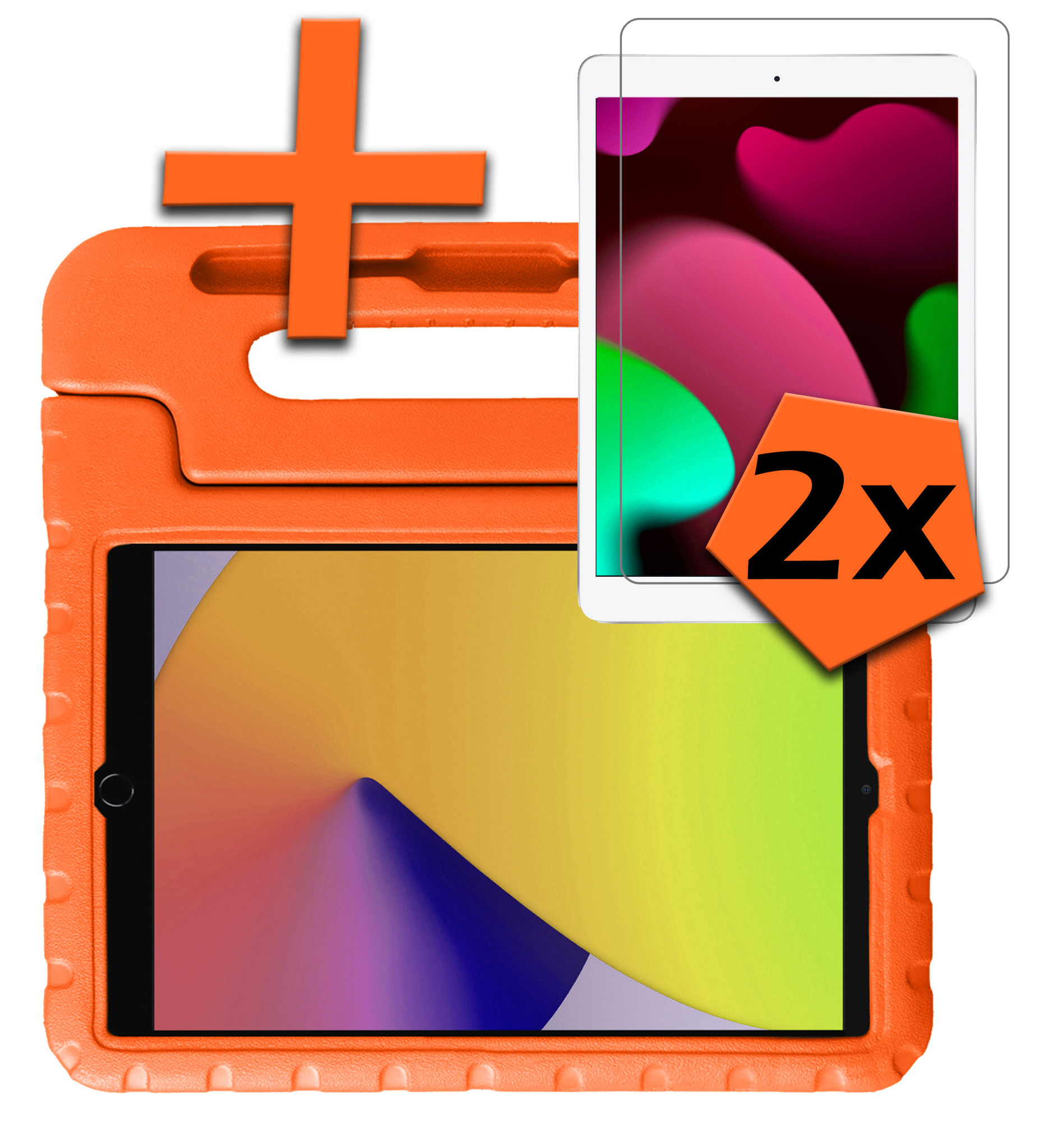Nomfy Hoes Geschikt voor iPad 10.2 2020 Hoes Bumper Kindvriendelijk Kids Case Kinderhoes Met 2x Screenprotector - Hoesje Geschikt voor iPad 8 Hoesje Shockproof Cover Hoes - Oranje