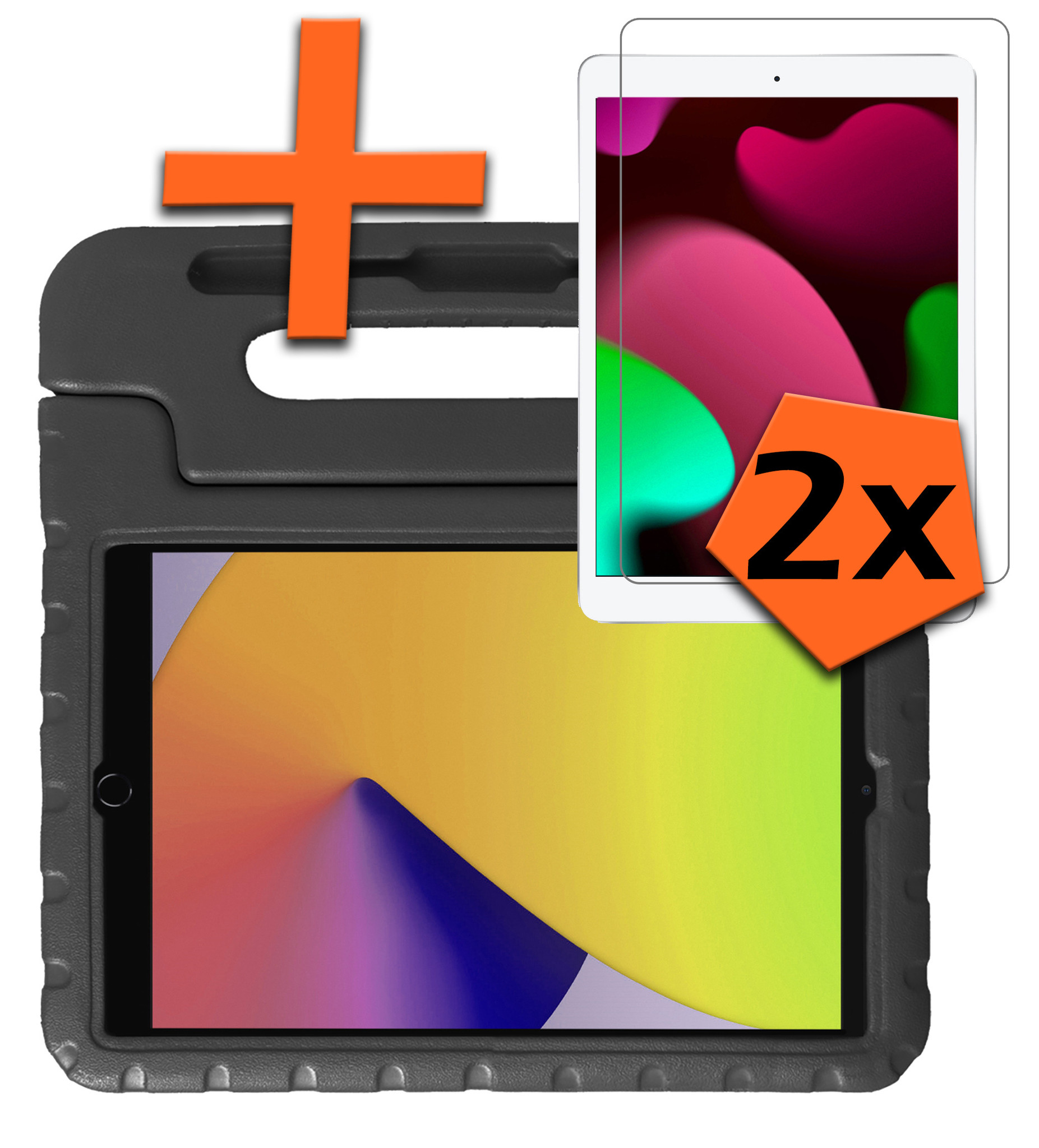 Nomfy Hoes Geschikt voor iPad 10.2 2019 Hoes Bumper Kindvriendelijk Kids Case Kinderhoes Met 2x Screenprotector - Hoesje Geschikt voor iPad 7 Hoesje Shockproof Cover Hoes - Zwart