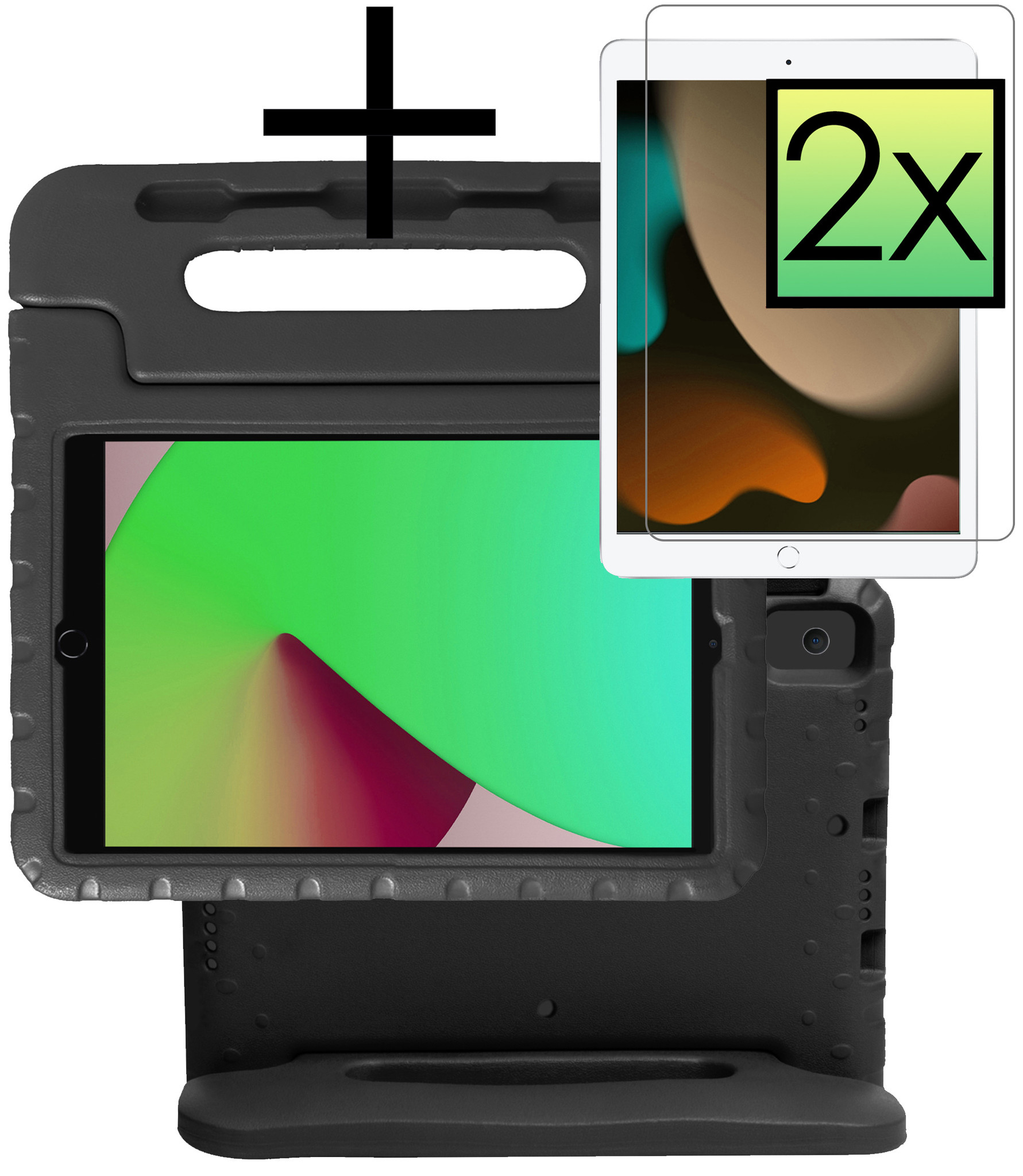 NoXx Hoesje Geschikt voor iPad 10.2 2021 Hoesje Kinderhoes Shockproof Hoes Kids Case Met 2x Screenprotector - Zwart