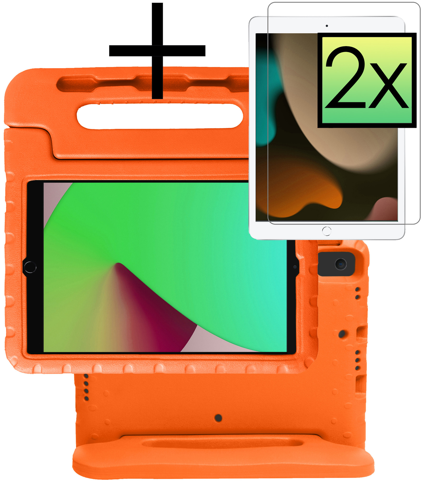 NoXx Hoesje Geschikt voor iPad 10.2 2021 Hoesje Kinderhoes Shockproof Hoes Kids Case Met 2x Screenprotector - Oranje