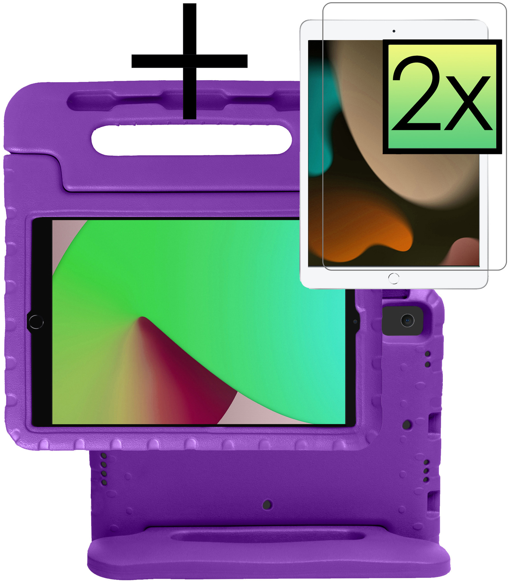 NoXx Hoesje Geschikt voor iPad 10.2 2019 Hoesje Kinderhoes Shockproof Hoes Kids Case Met 2x Screenprotector - Paars