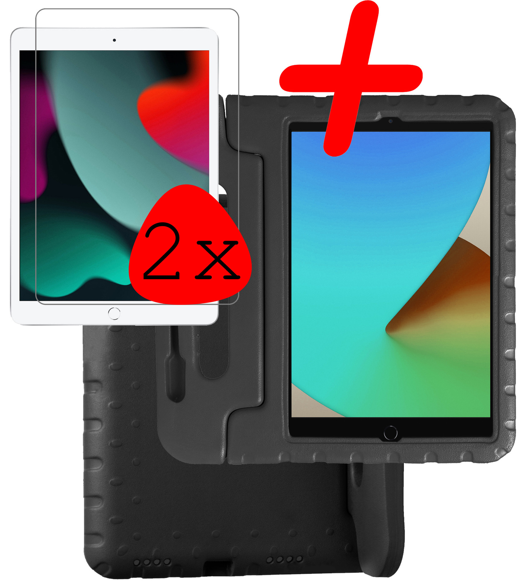 BASEY. Hoesje Geschikt voor iPad 10.2 2021 Hoesje Kinder Hoes Shockproof Kinderhoes Met 2x Screenprotector - Kindvriendelijk Hoesje Geschikt voor iPad 9 Hoes Kids Case - Zwart