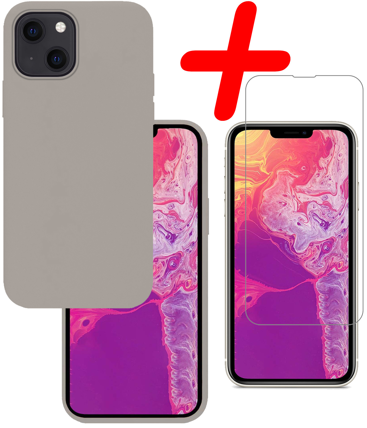 BASEY. Hoes Geschikt voor iPhone 14 Hoesje Siliconen Back Cover Case Met Screenprotector - Hoesje Geschikt voor iPhone 14 Hoes Cover Hoesje - Grijs