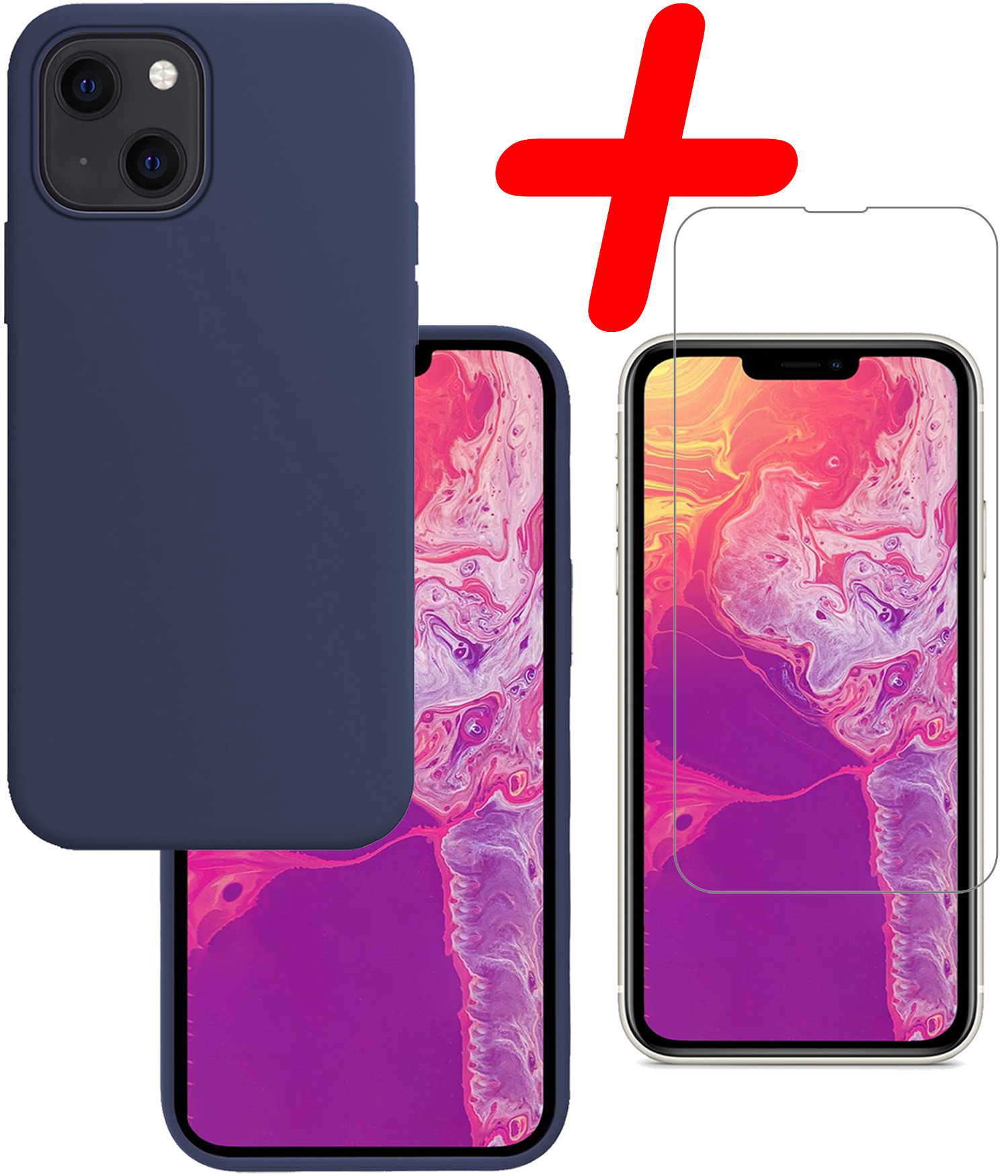 BASEY. Hoes Geschikt voor iPhone 14 Plus Hoesje Siliconen Back Cover Case Met Screenprotector - Hoesje Geschikt voor iPhone 14 Plus Hoes Cover Hoesje - Donkerblauw