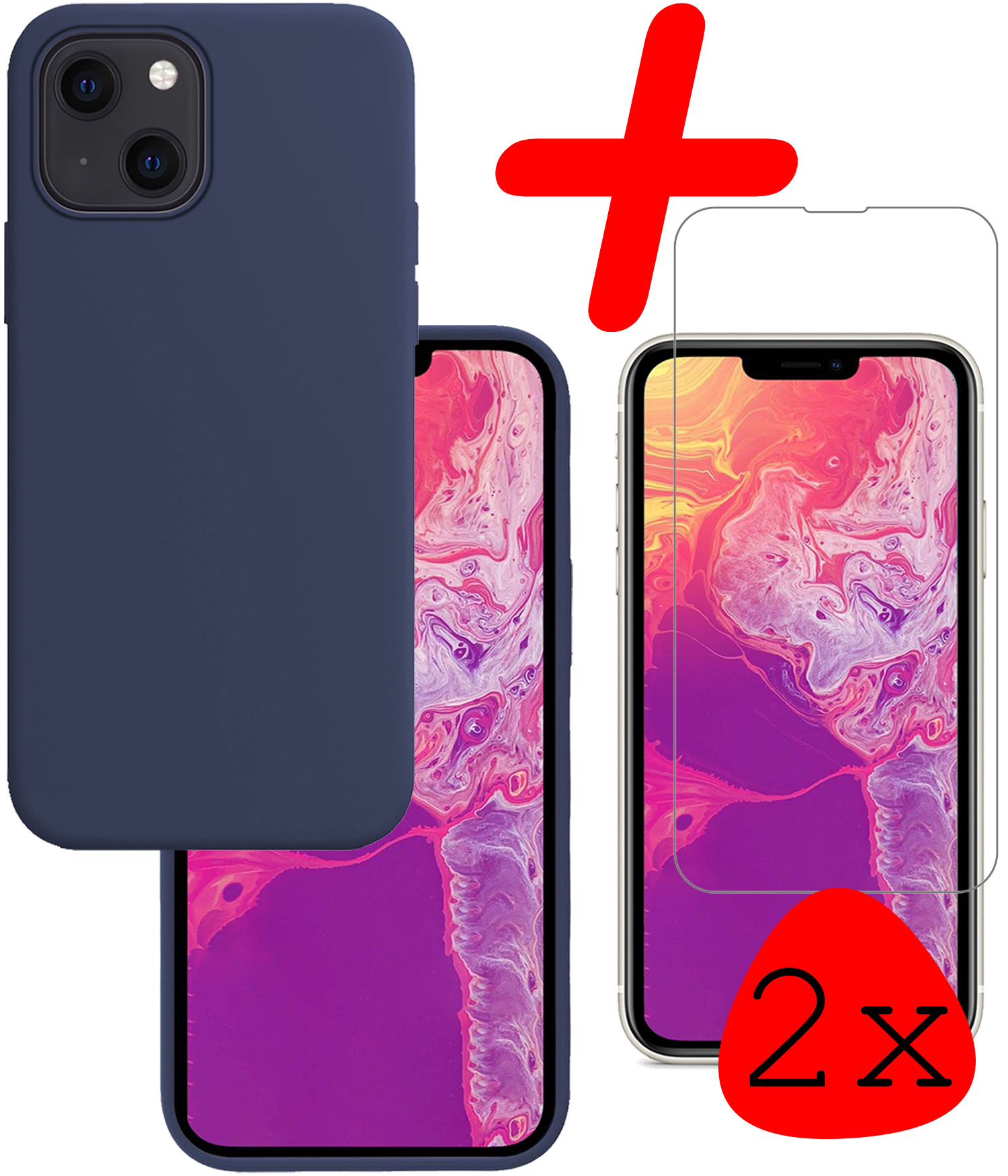 BASEY. Hoes Geschikt voor iPhone 14 Hoesje Siliconen Back Cover Case Met 2x Screenprotector - Hoesje Geschikt voor iPhone 14 Hoes Cover Hoesje - Donkerblauw