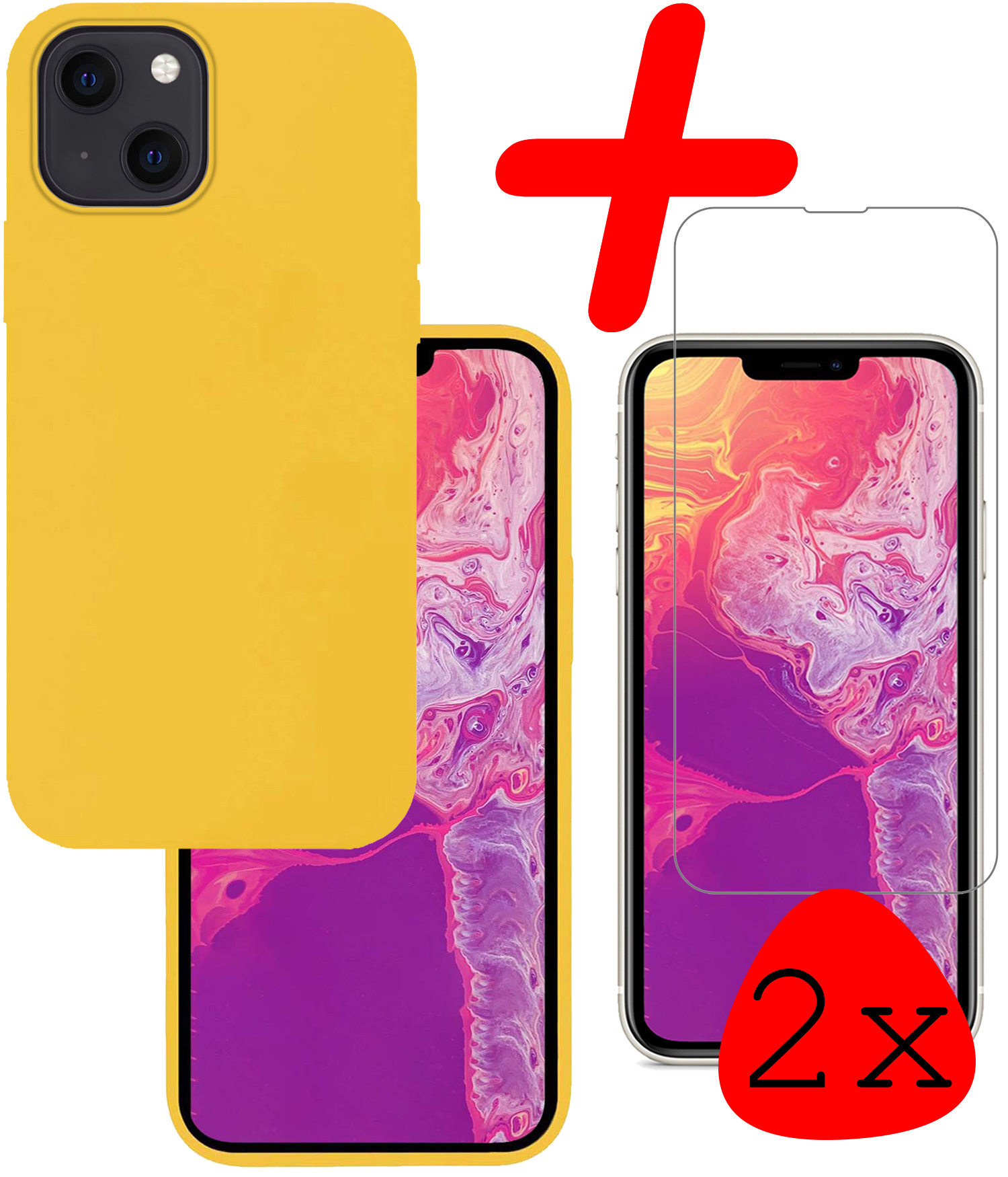 BASEY. Hoes Geschikt voor iPhone 14 Hoesje Siliconen Back Cover Case Met 2x Screenprotector - Hoesje Geschikt voor iPhone 14 Hoes Cover Hoesje - Geel