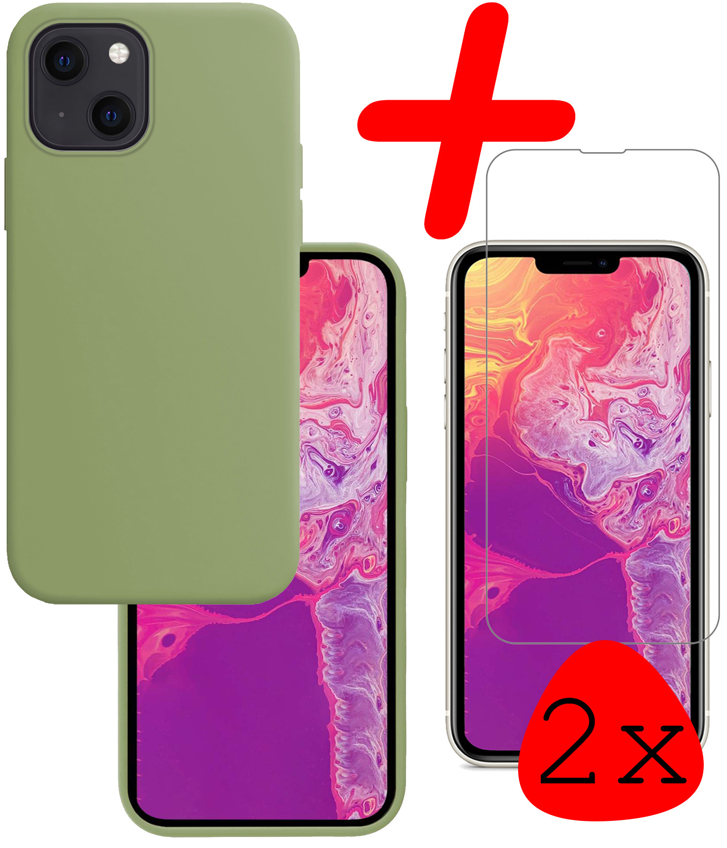 BASEY. Hoes Geschikt voor iPhone 14 Hoesje Siliconen Back Cover Case Met 2x Screenprotector - Hoesje Geschikt voor iPhone 14 Hoes Cover Hoesje - Groen