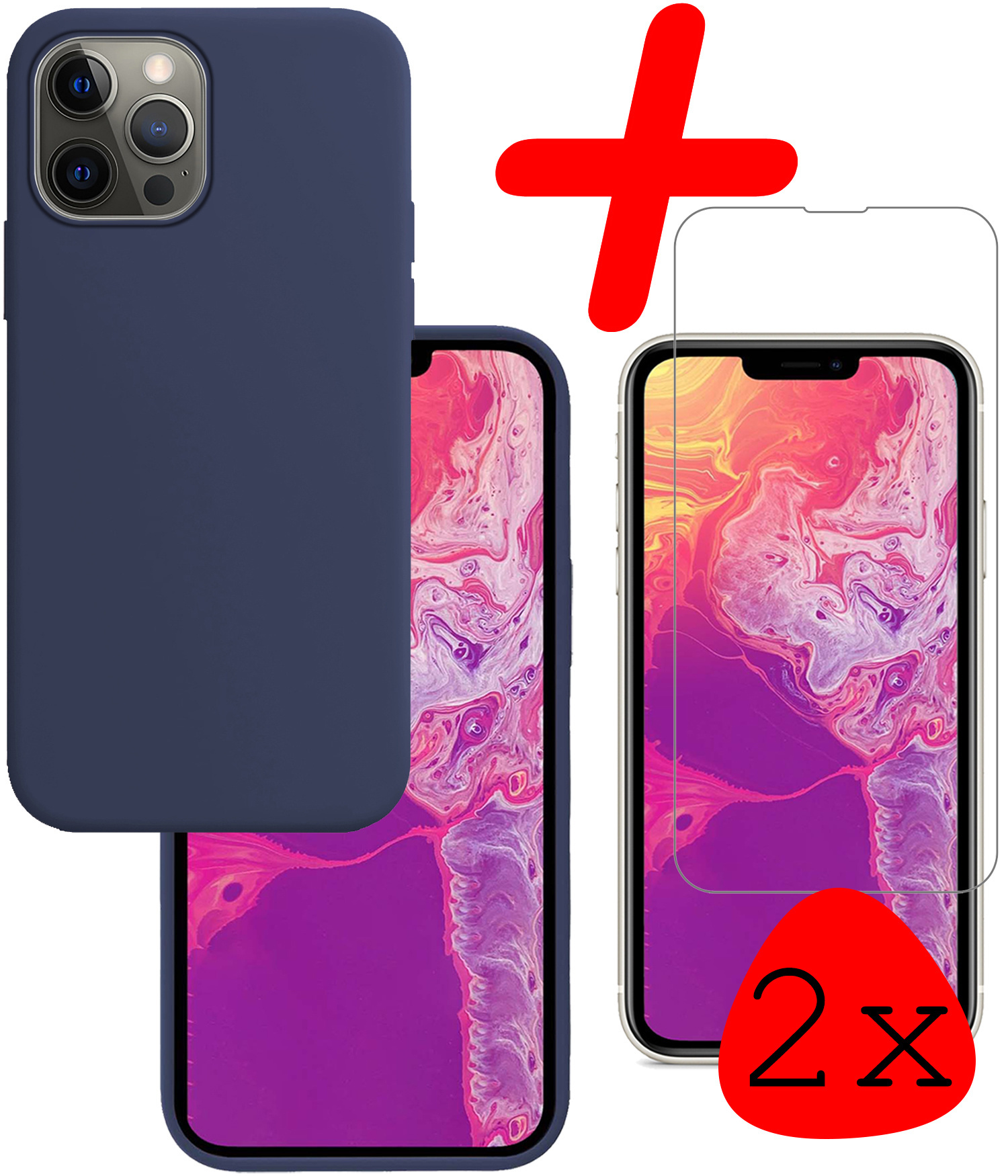 BASEY. Hoes Geschikt voor iPhone 14 Pro Hoesje Siliconen Back Cover Case Met 2x Screenprotector - Hoesje Geschikt voor iPhone 14 Pro Hoes Cover Hoesje - Donkerblauw